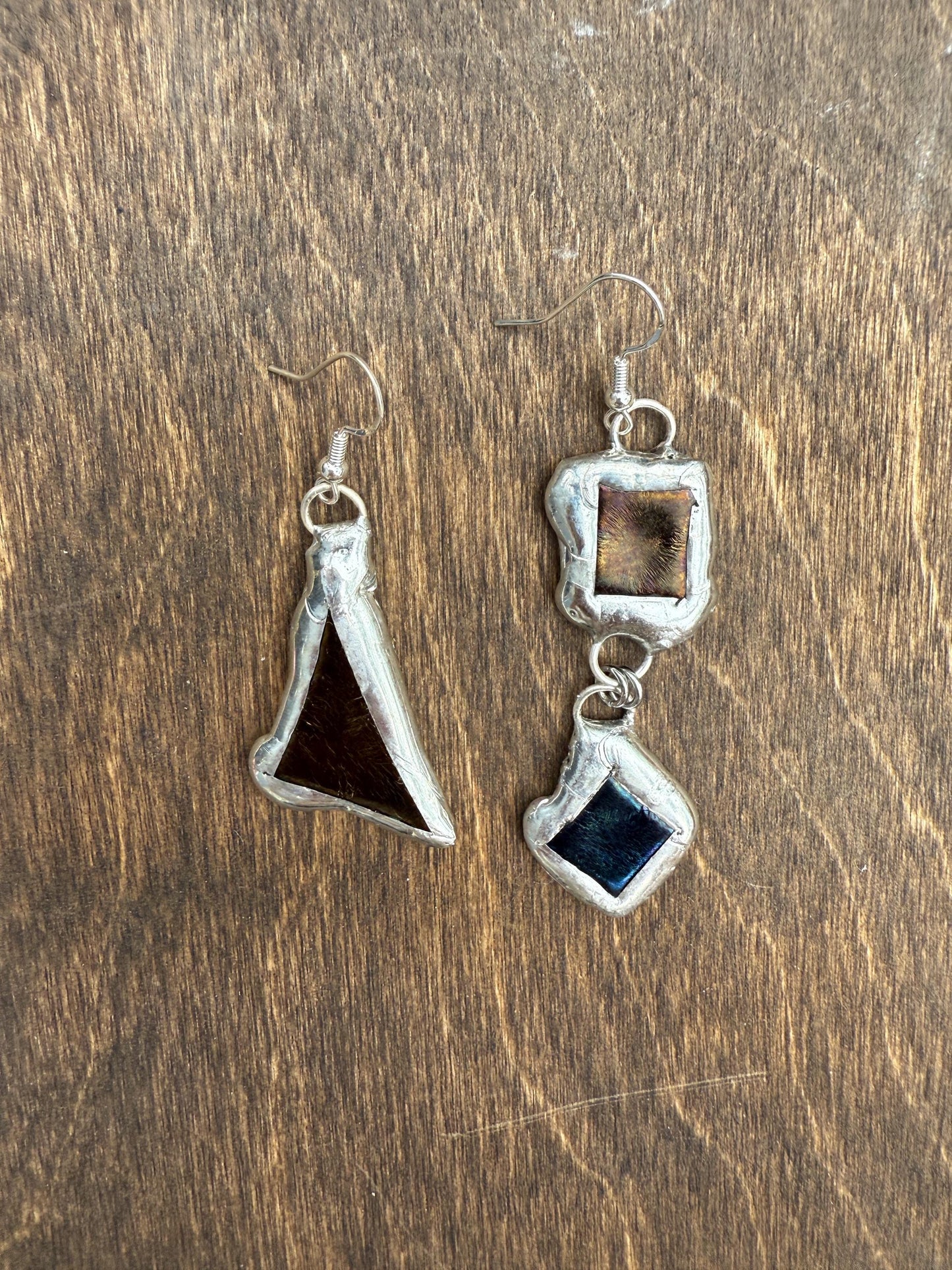 Gold + Blue Iridescent Fused Glass Earrings | Mismatched, Abstract, Wearable Sculptures