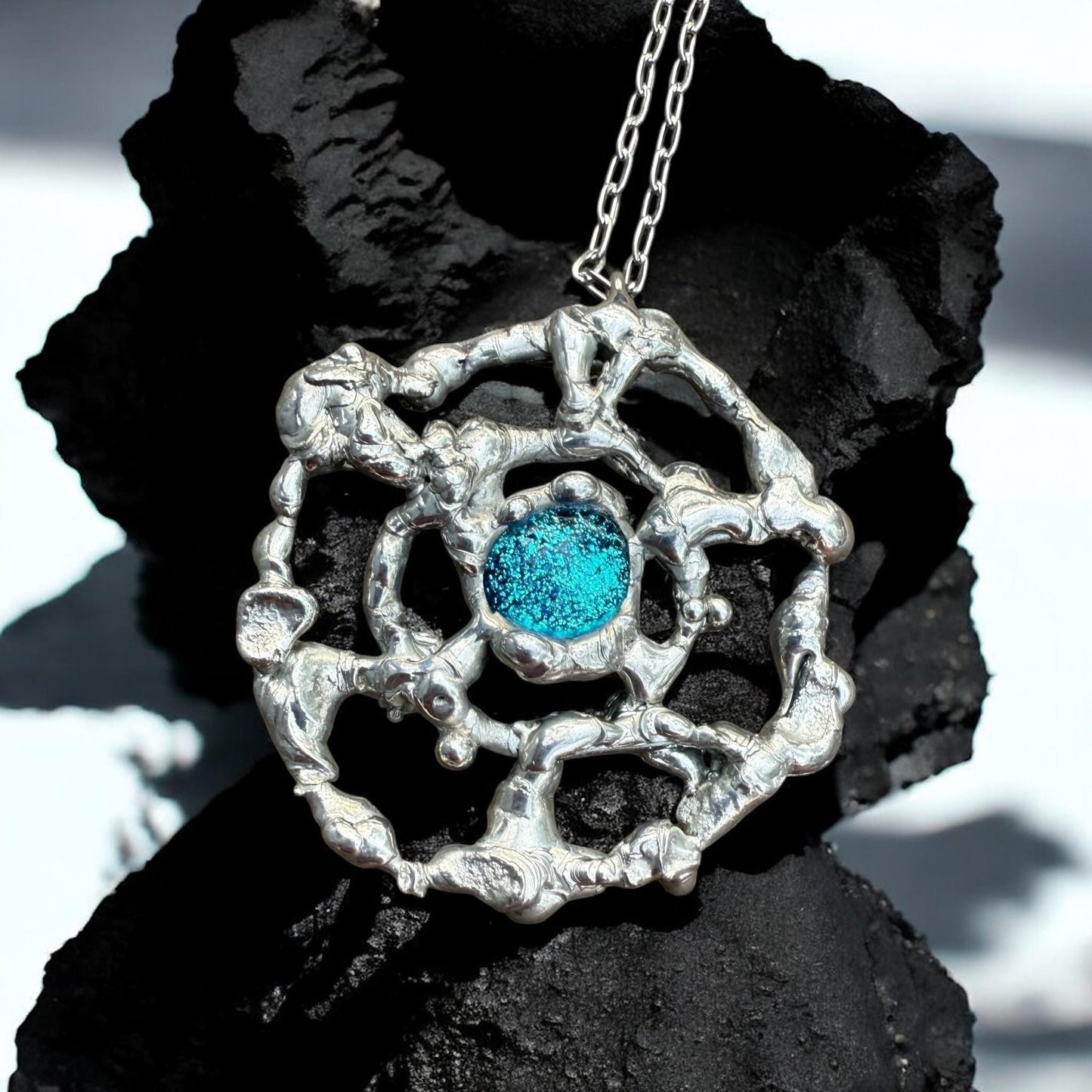 Cyber Sigilism Fused Glass Blue Pendant - Handmade Brutalist Statement Necklace, Fantasy, Punk, Gothic Jewelry