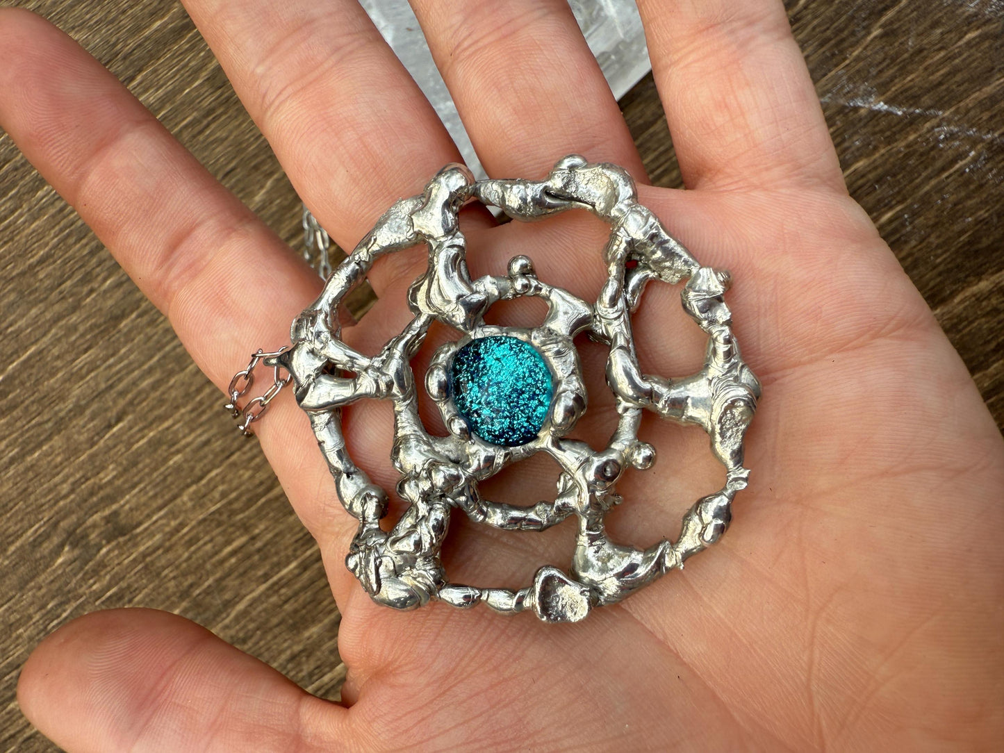 Cyber Sigilism Fused Glass Blue Pendant - Handmade Brutalist Statement Necklace, Fantasy, Punk, Gothic Jewelry