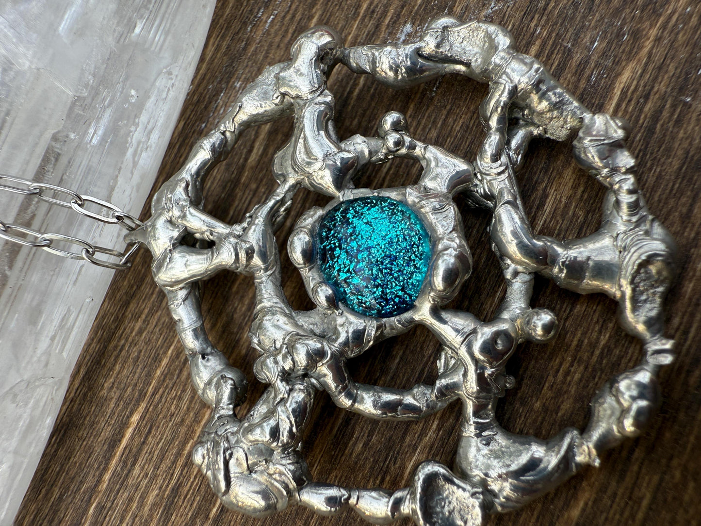 Cyber Sigilism Fused Glass Blue Pendant - Handmade Brutalist Statement Necklace, Fantasy, Punk, Gothic Jewelry