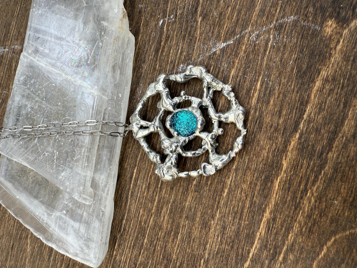 Cyber Sigilism Fused Glass Blue Pendant - Handmade Brutalist Statement Necklace, Fantasy, Punk, Gothic Jewelry