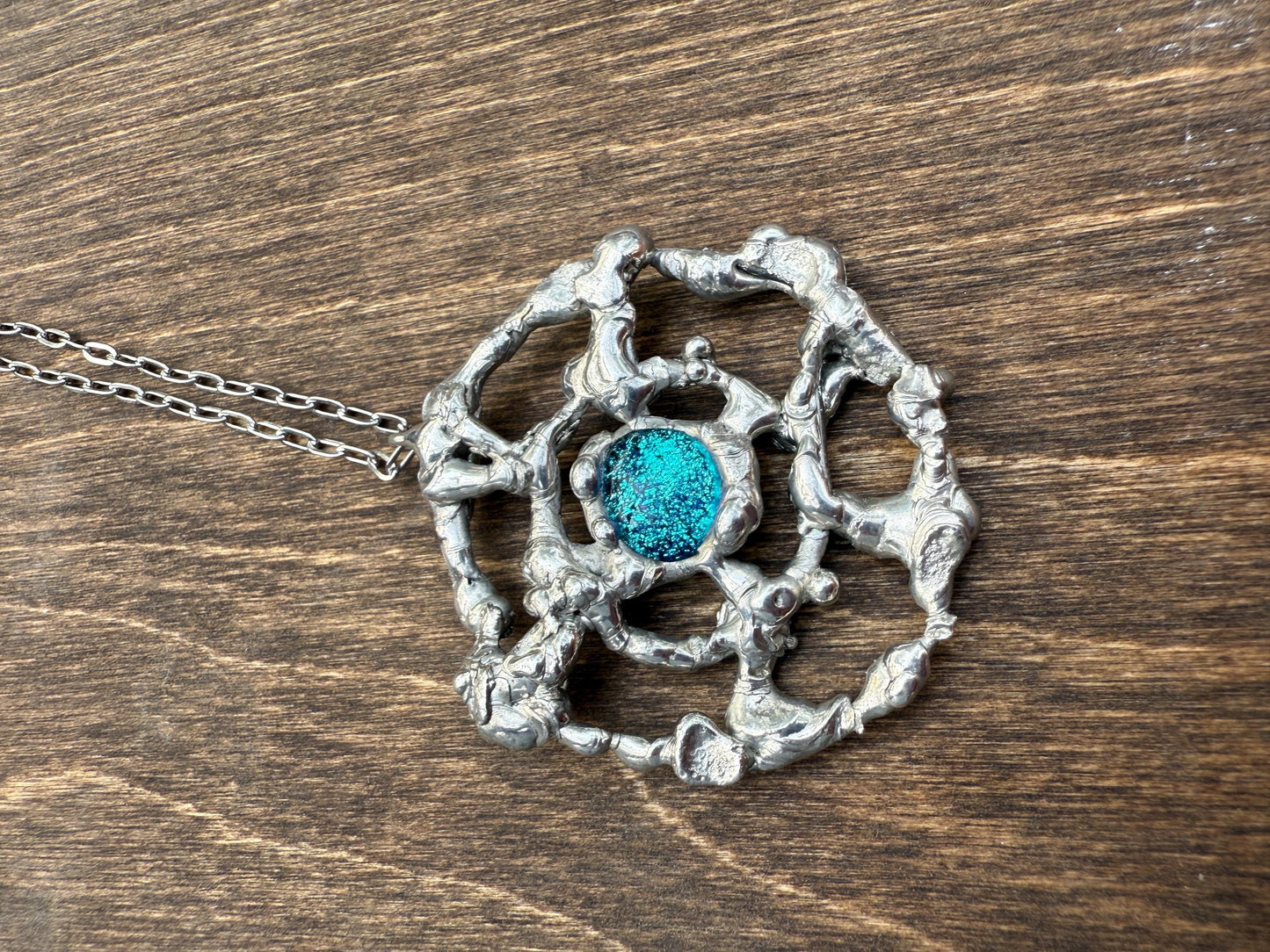 Cyber Sigilism Fused Glass Blue Pendant - Handmade Brutalist Statement Necklace, Fantasy, Punk, Gothic Jewelry