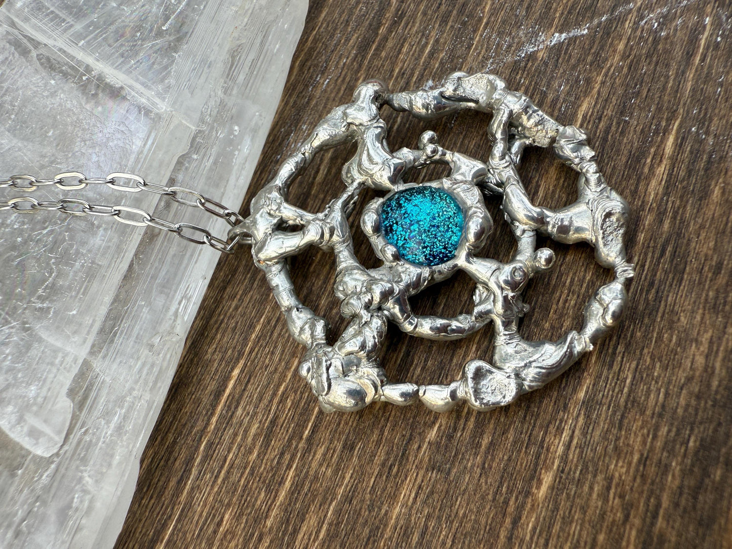 Cyber Sigilism Fused Glass Blue Pendant - Handmade Brutalist Statement Necklace, Fantasy, Punk, Gothic Jewelry