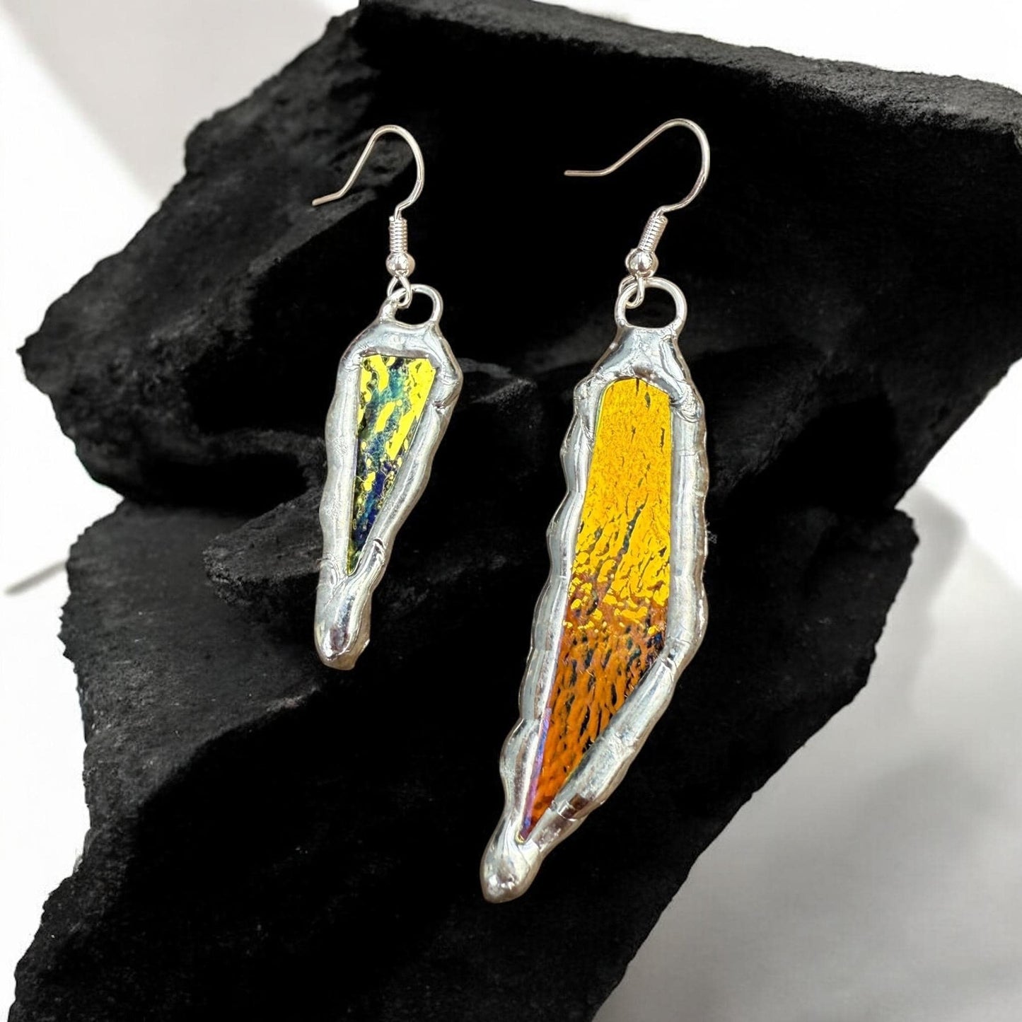 Yellow + Blue Iridescent Stained Glass Earrings | Handmade, Mismatched, Abstract, Wearable Sculptures
