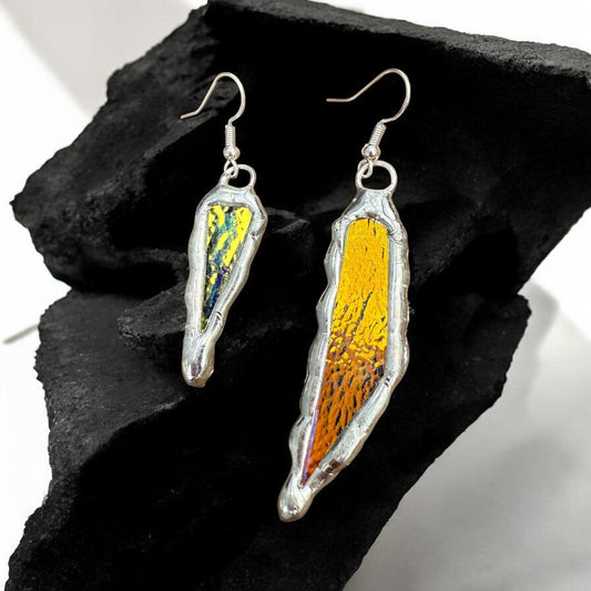 Yellow + Blue Iridescent Stained Glass Earrings | Handmade, Mismatched, Abstract, Wearable Sculptures