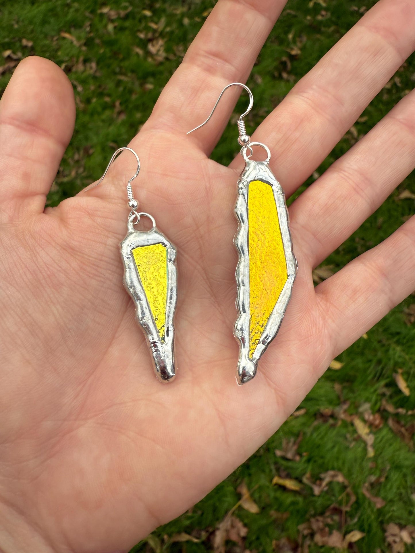 Yellow + Blue Iridescent Stained Glass Earrings | Handmade, Mismatched, Abstract, Wearable Sculptures
