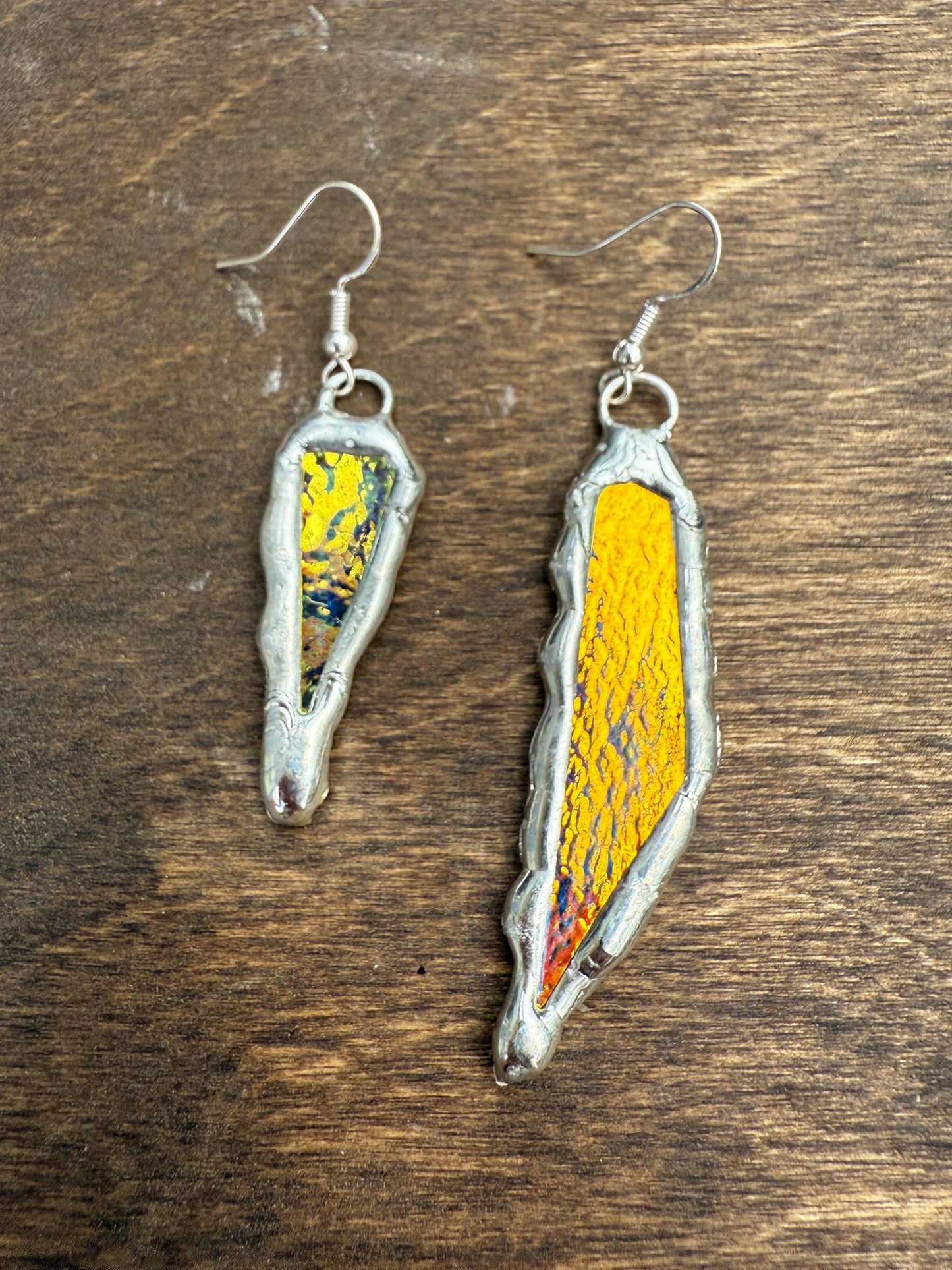 Yellow + Blue Iridescent Stained Glass Earrings | Handmade, Mismatched, Abstract, Wearable Sculptures