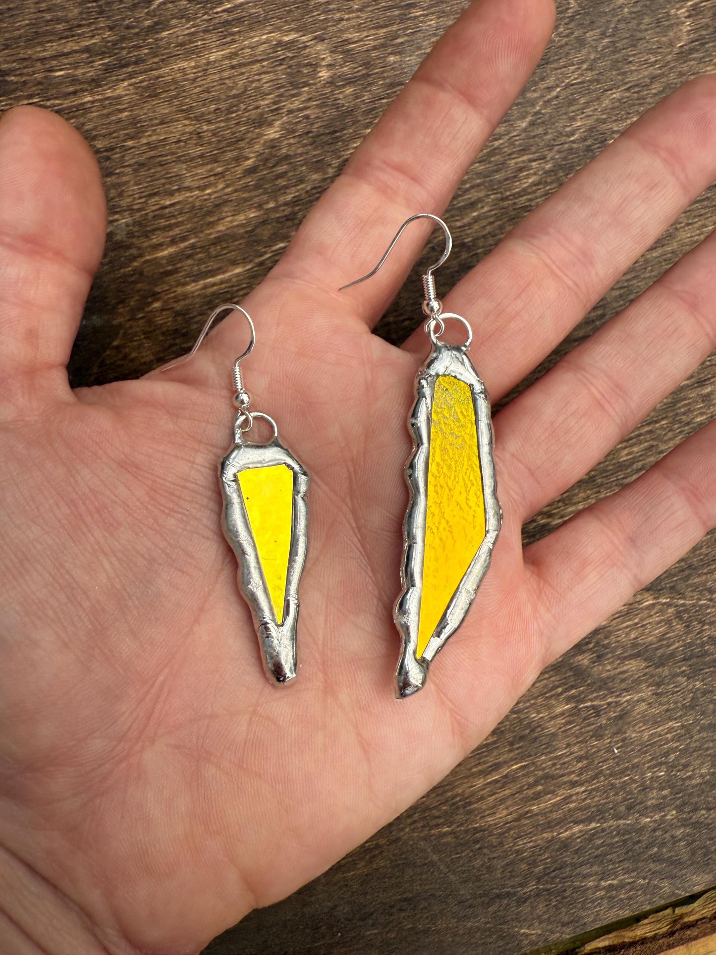 Yellow + Blue Iridescent Stained Glass Earrings | Handmade, Mismatched, Abstract, Wearable Sculptures