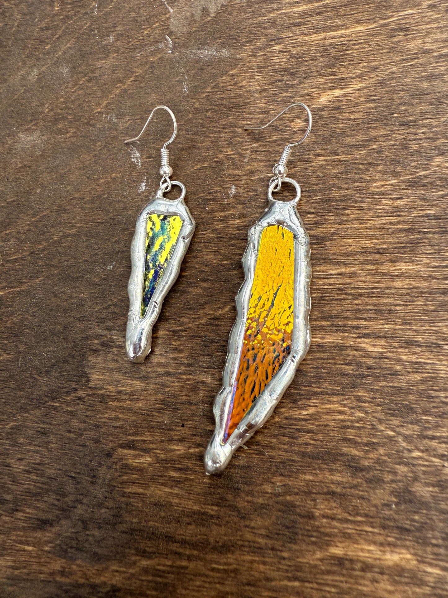 Yellow + Blue Iridescent Stained Glass Earrings | Handmade, Mismatched, Abstract, Wearable Sculptures