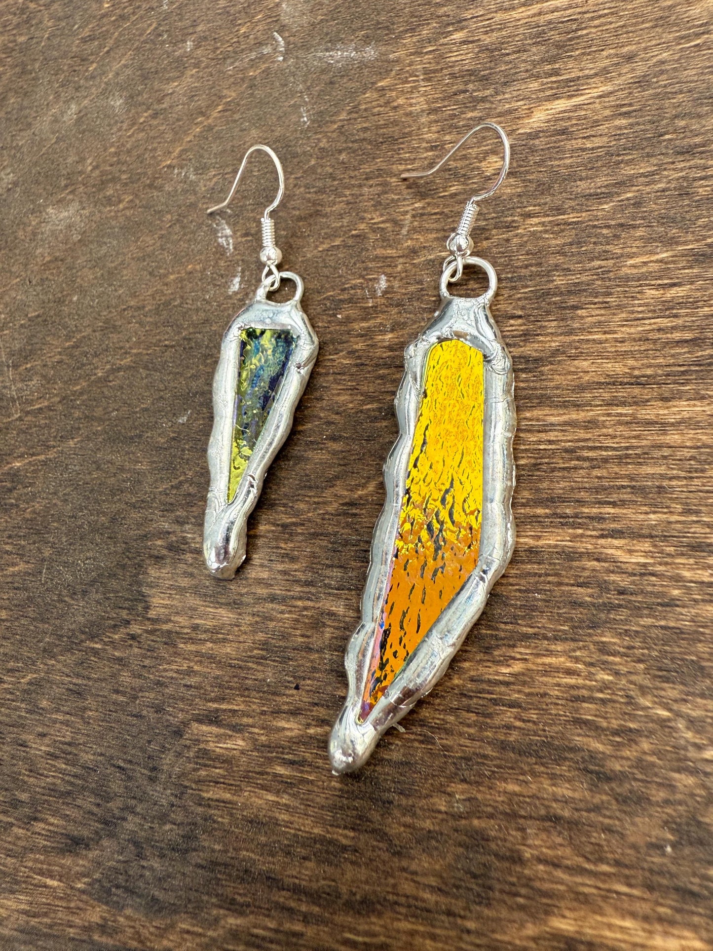 Yellow + Blue Iridescent Stained Glass Earrings | Handmade, Mismatched, Abstract, Wearable Sculptures