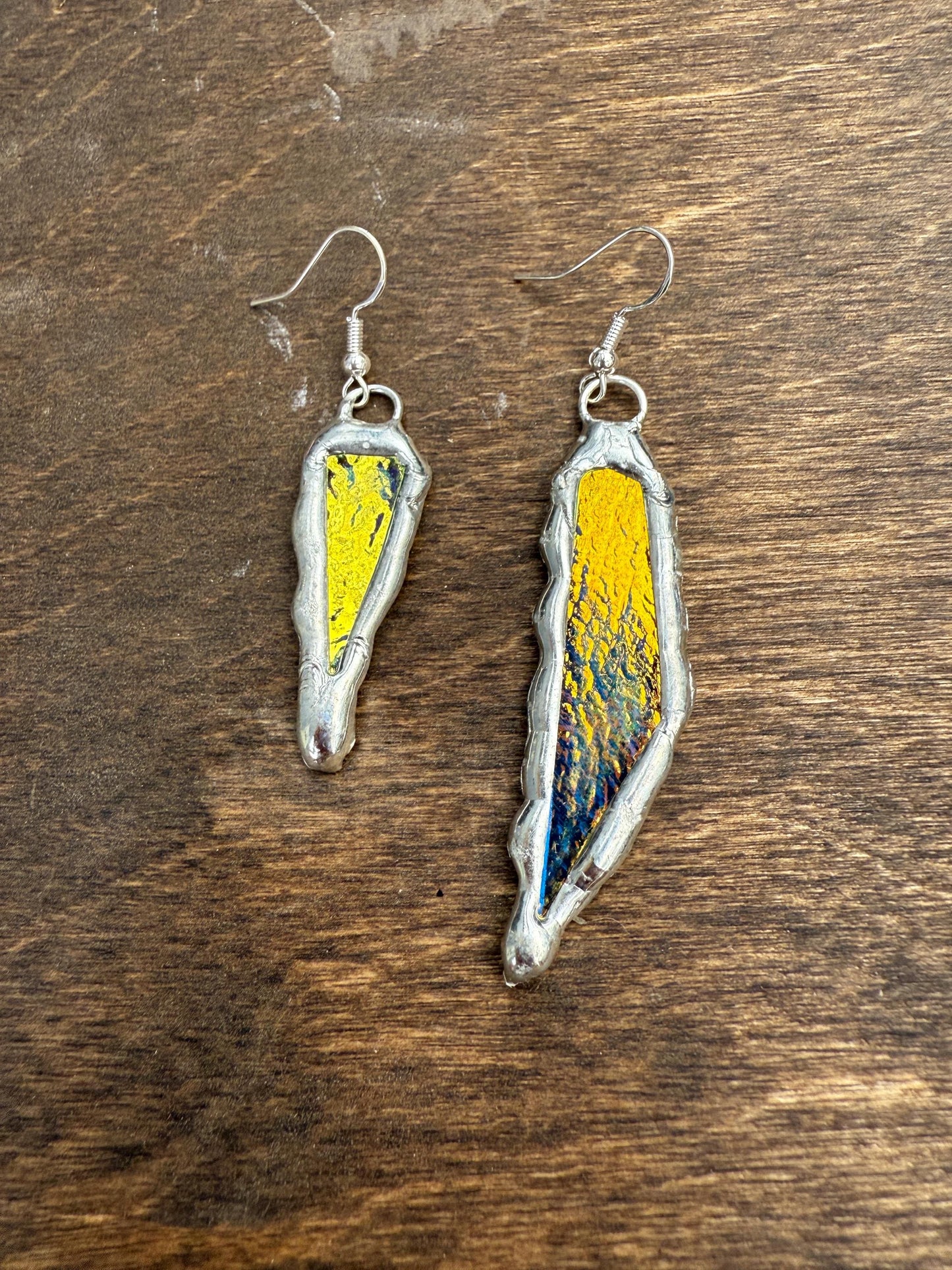 Yellow + Blue Iridescent Stained Glass Earrings | Handmade, Mismatched, Abstract, Wearable Sculptures