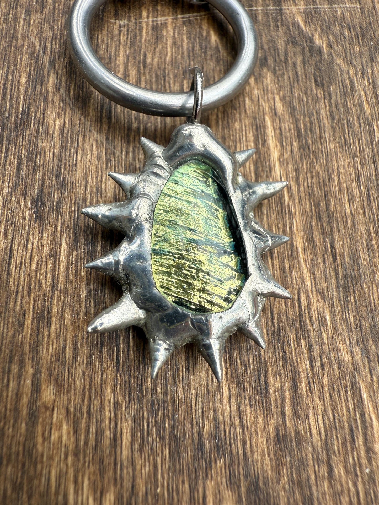 Fairy Goth Green Fused Glass Choker Necklace with Spikes & O Ring - Chainmail Jewelry