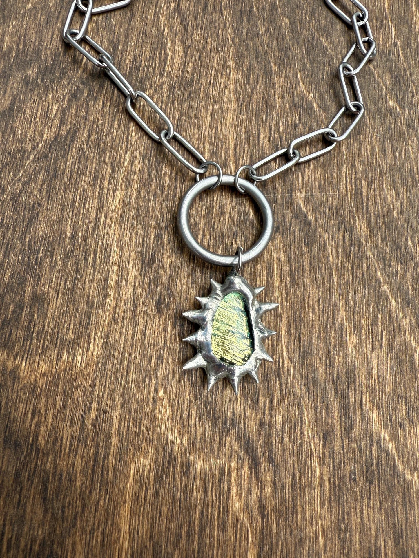 Fairy Goth Green Fused Glass Choker Necklace with Spikes & O Ring - Chainmail Jewelry