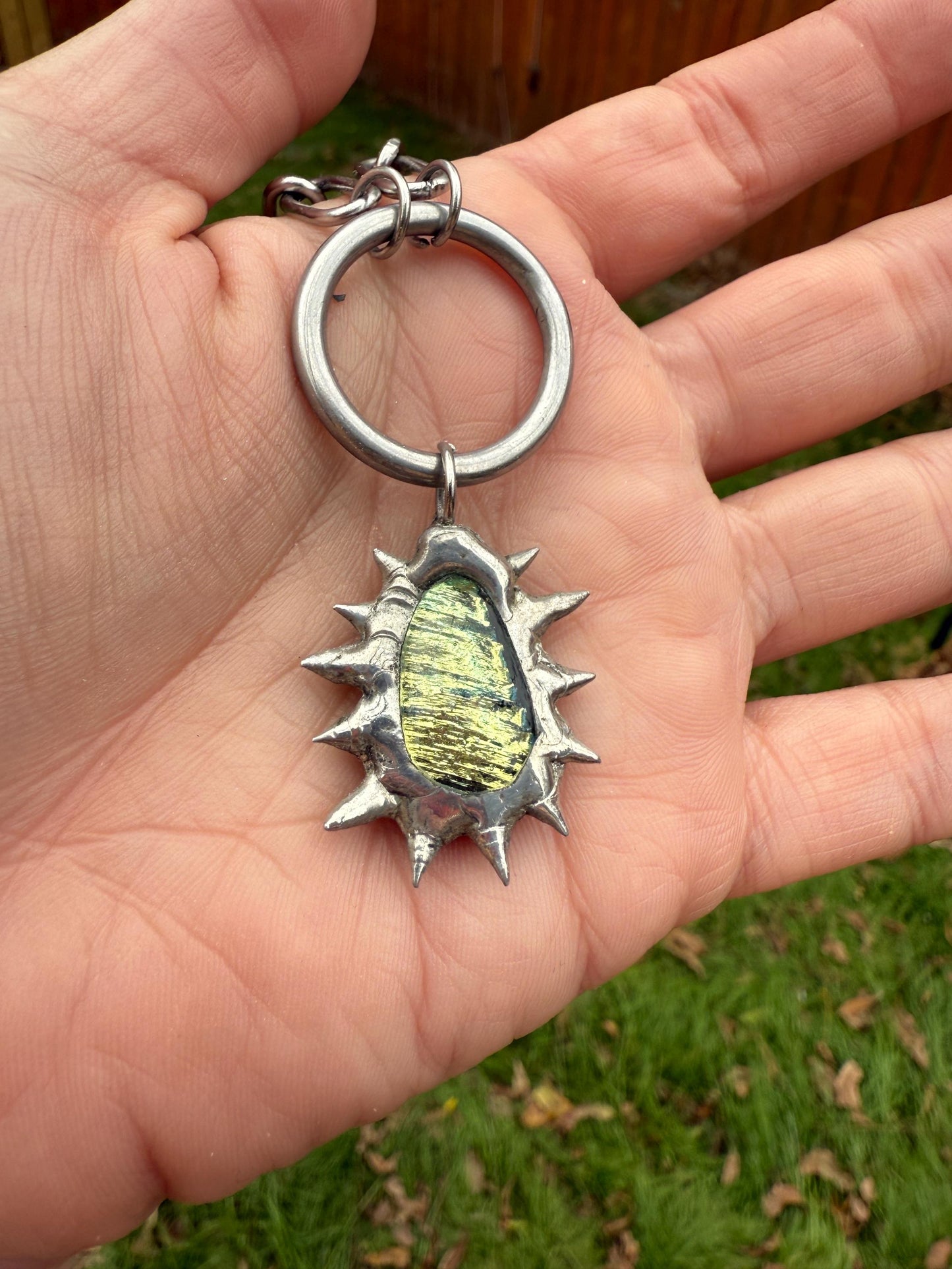 Fairy Goth Green Fused Glass Choker Necklace with Spikes & O Ring - Chainmail Jewelry