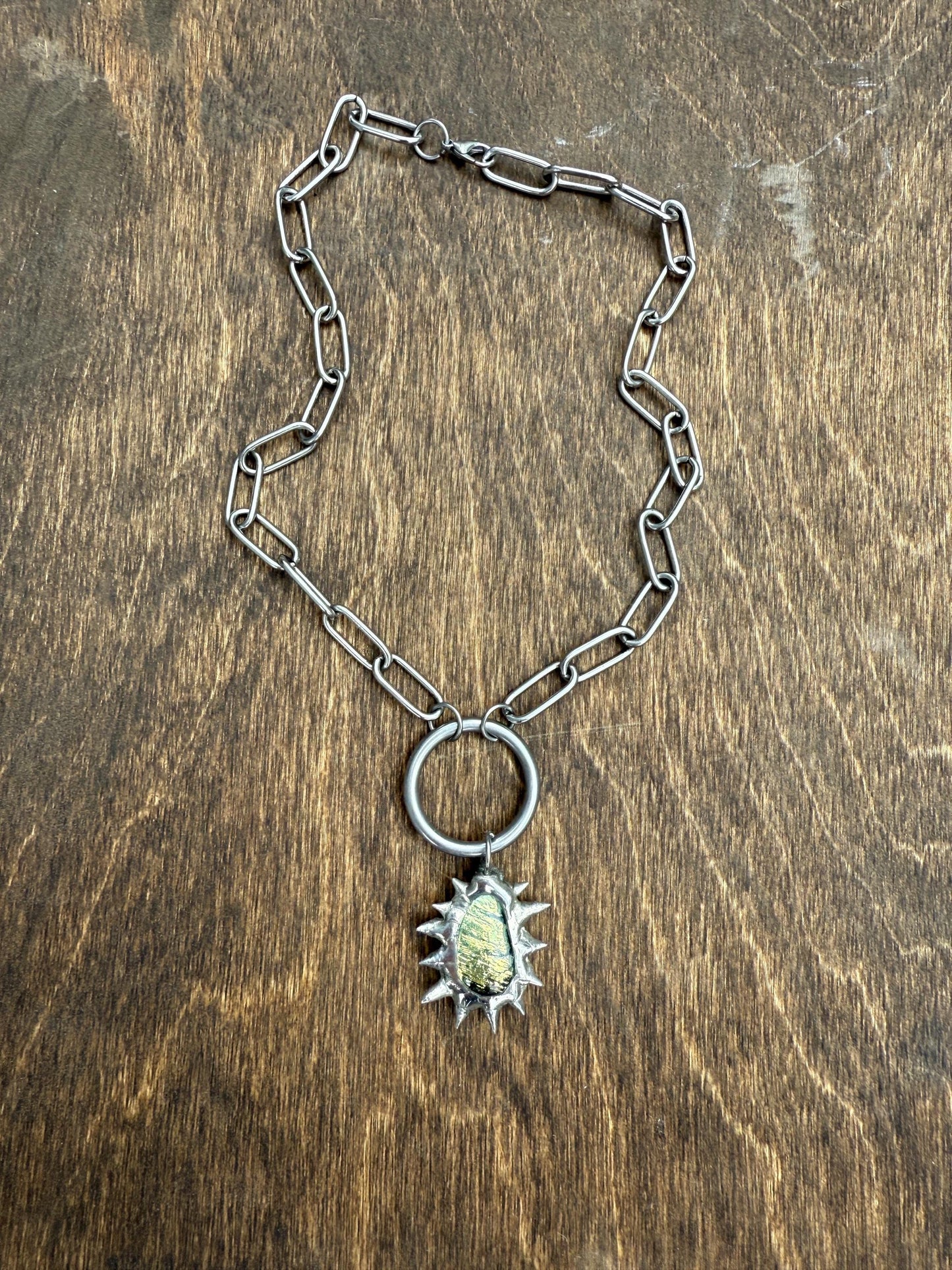 Fairy Goth Green Fused Glass Choker Necklace with Spikes & O Ring - Chainmail Jewelry