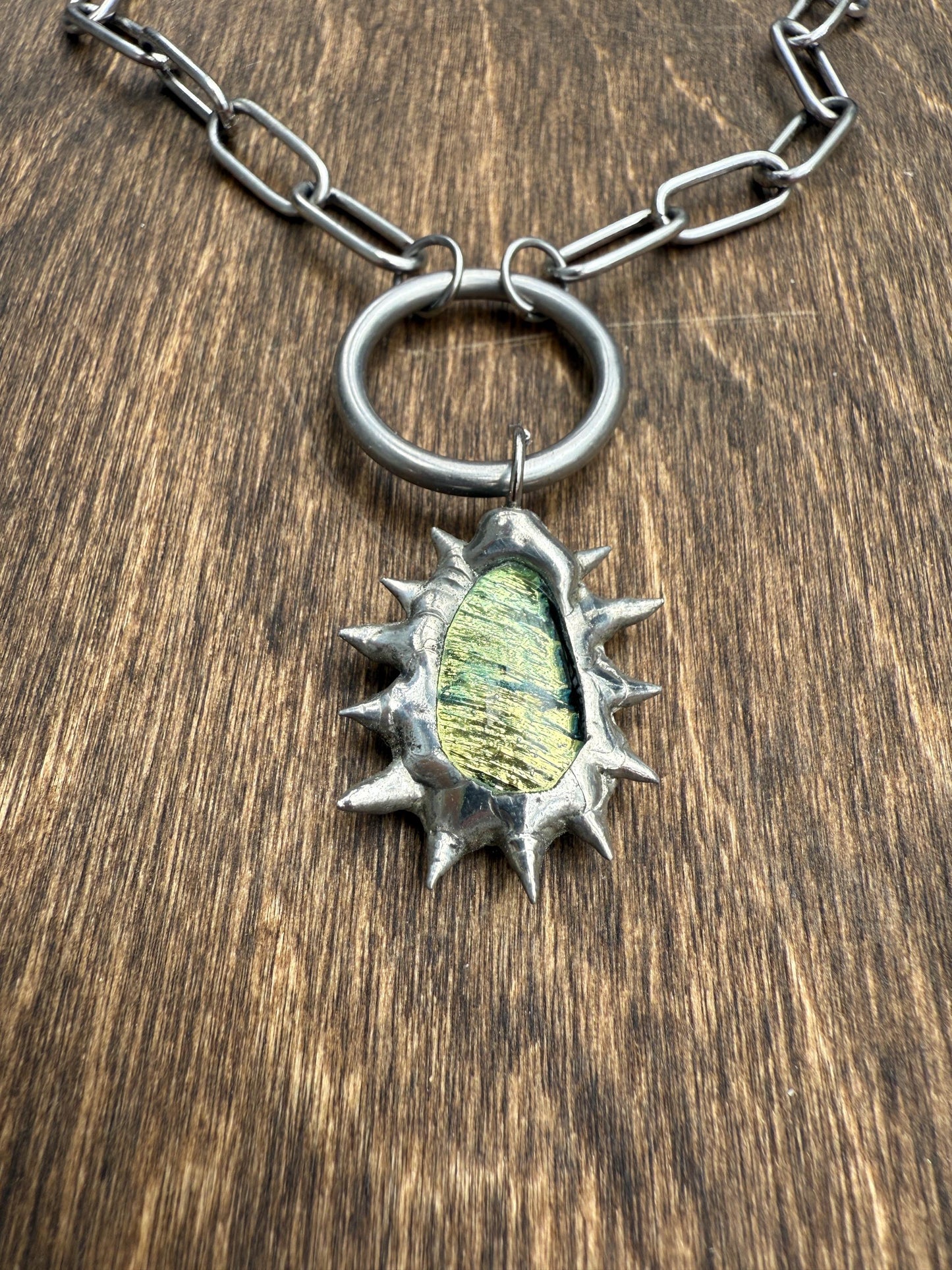 Fairy Goth Green Fused Glass Choker Necklace with Spikes & O Ring - Chainmail Jewelry