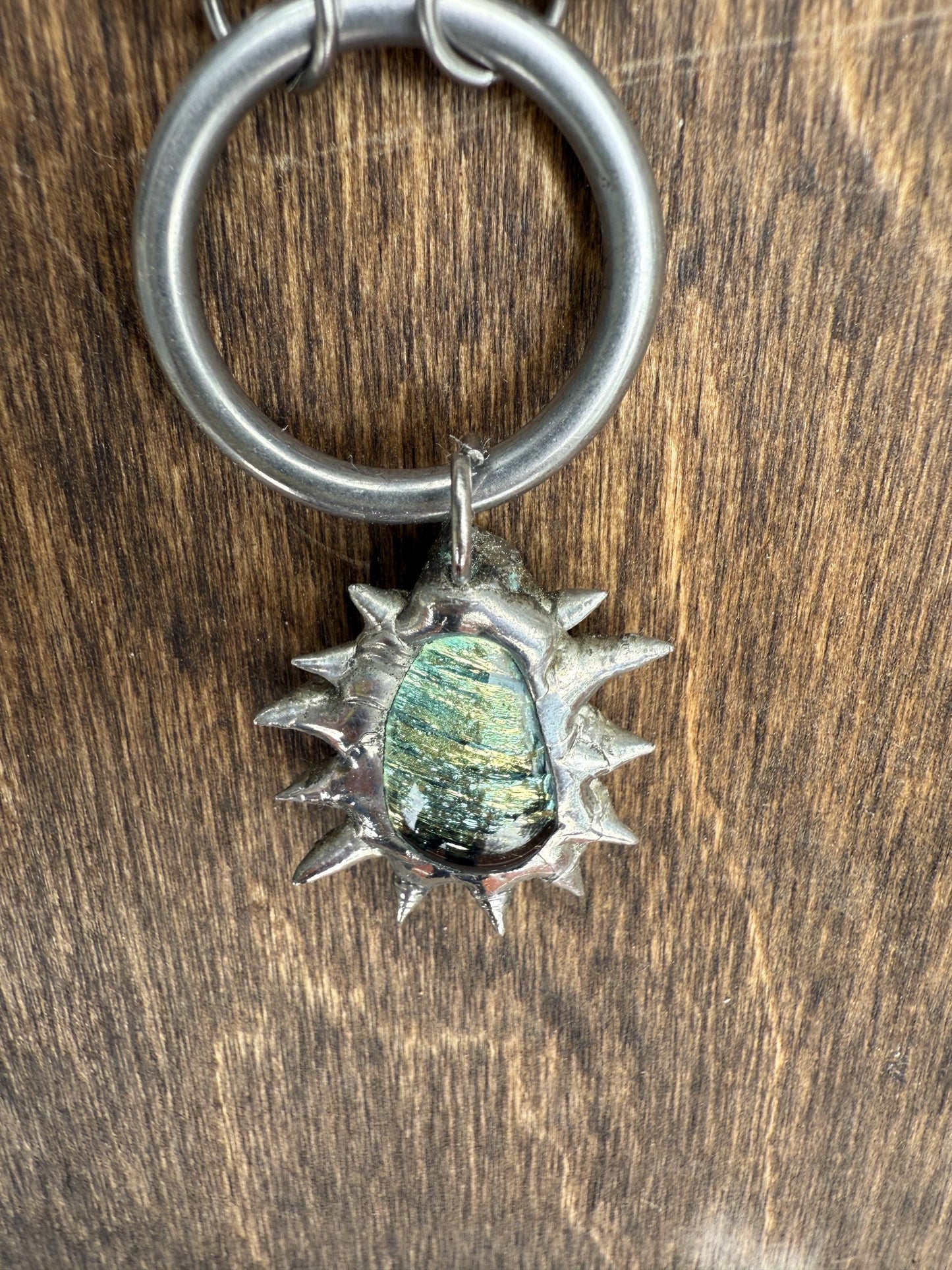 Fairy Goth Green Fused Glass Choker Necklace with Spikes & O Ring - Chainmail Jewelry