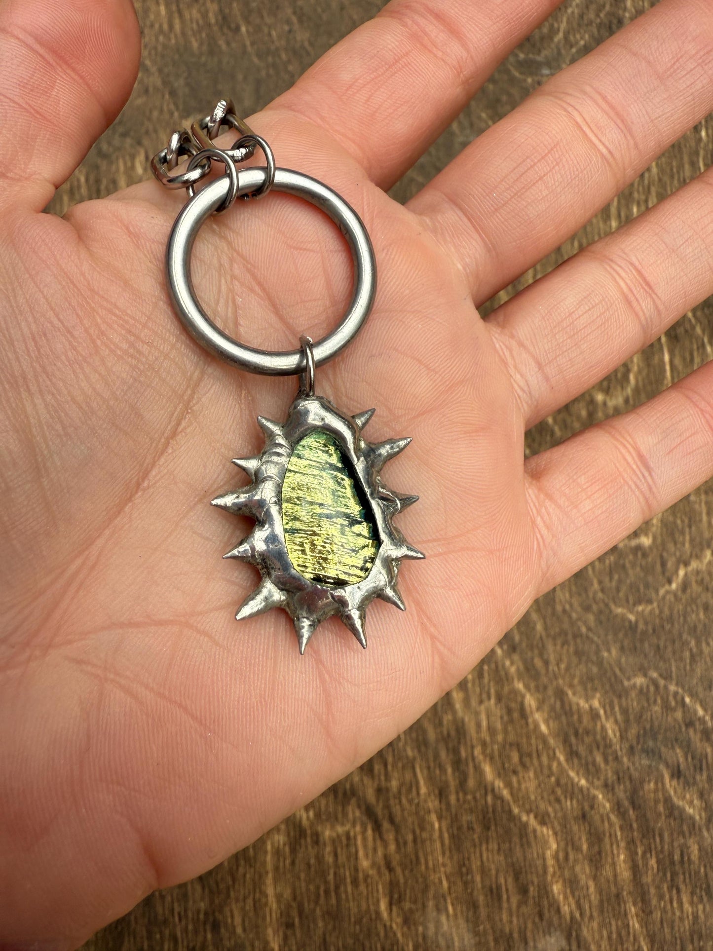 Fairy Goth Green Fused Glass Choker Necklace with Spikes & O Ring - Chainmail Jewelry