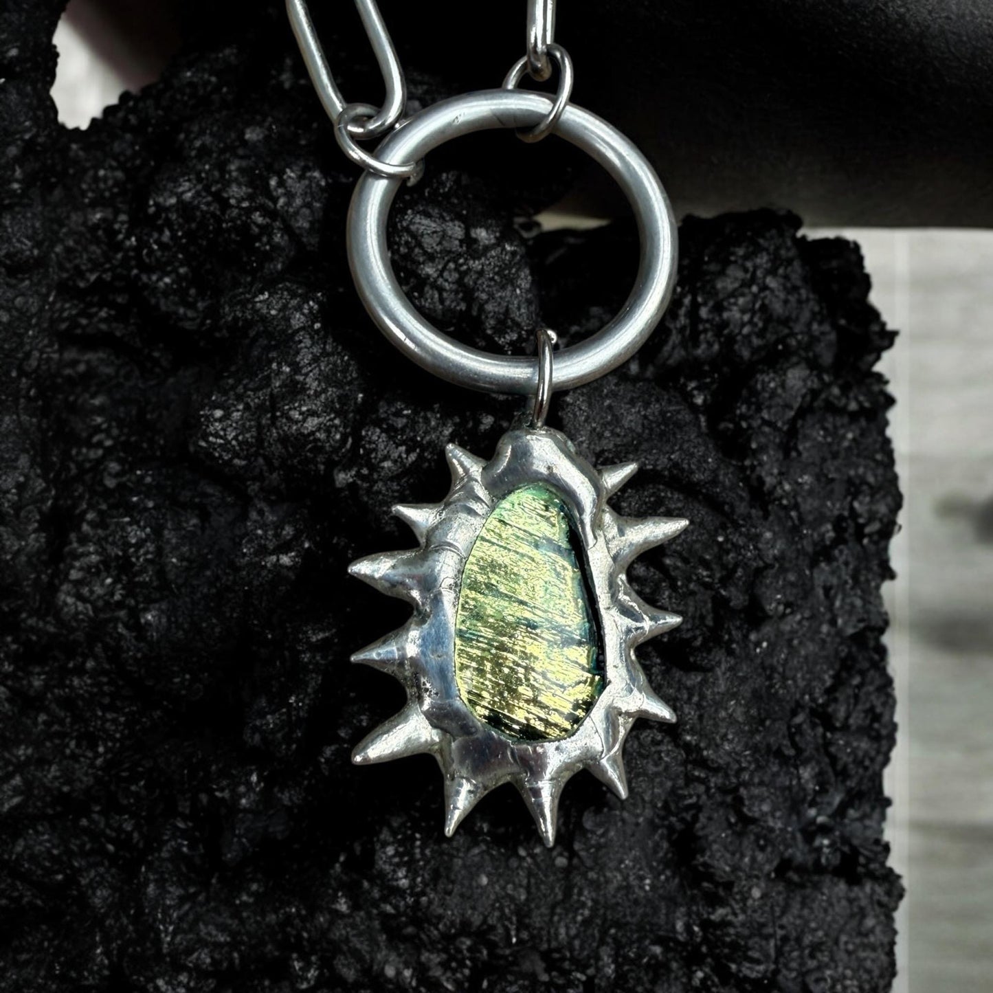 Fairy Goth Green Fused Glass Choker Necklace with Spikes & O Ring - Chainmail Jewelry