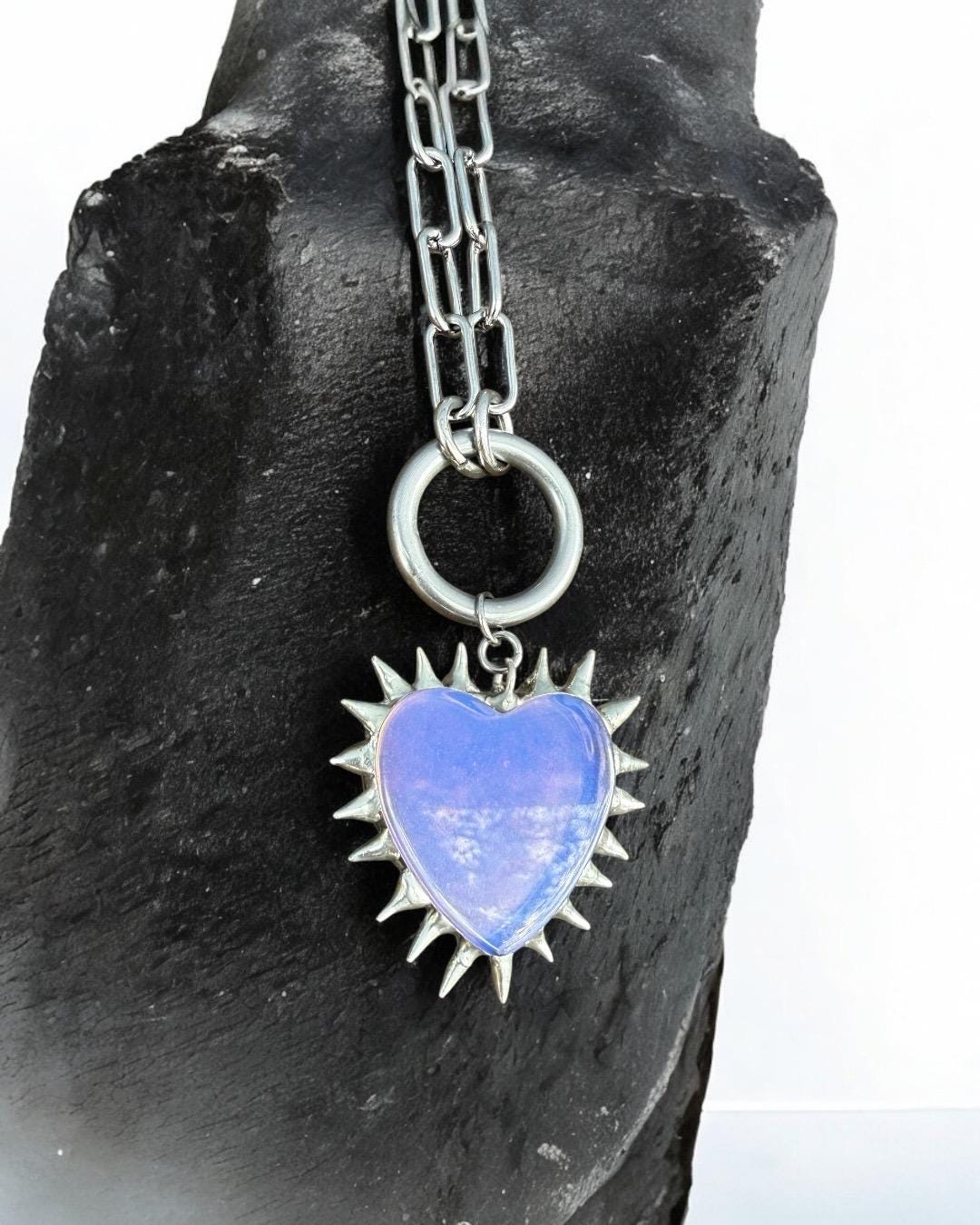 Spiked Opalite Heart Choker Collar Necklace with O Ring