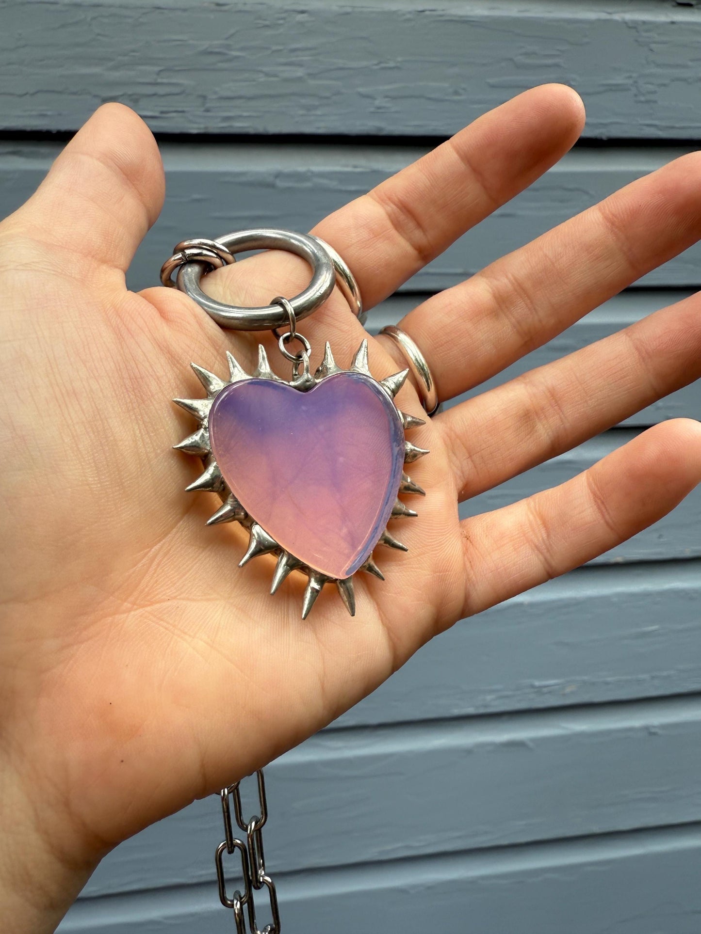 Spiked Opalite Heart Choker Collar Necklace with O Ring