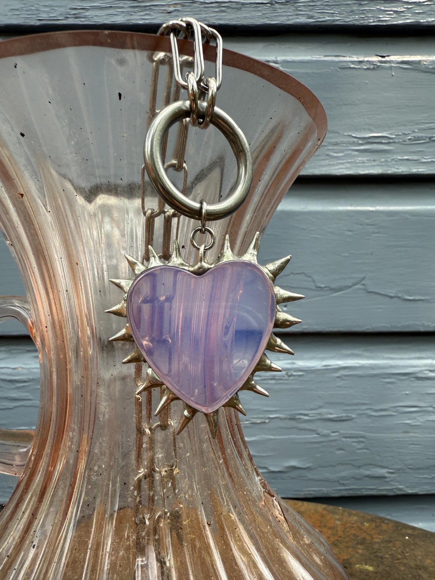 Spiked Opalite Heart Choker Collar Necklace with O Ring