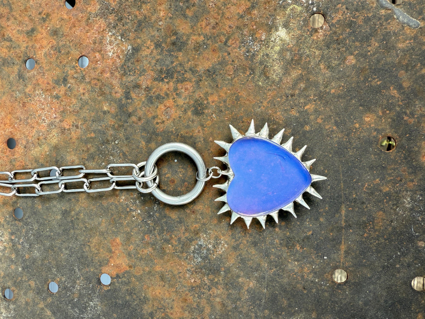 Spiked Opalite Heart Choker Collar Necklace with O Ring
