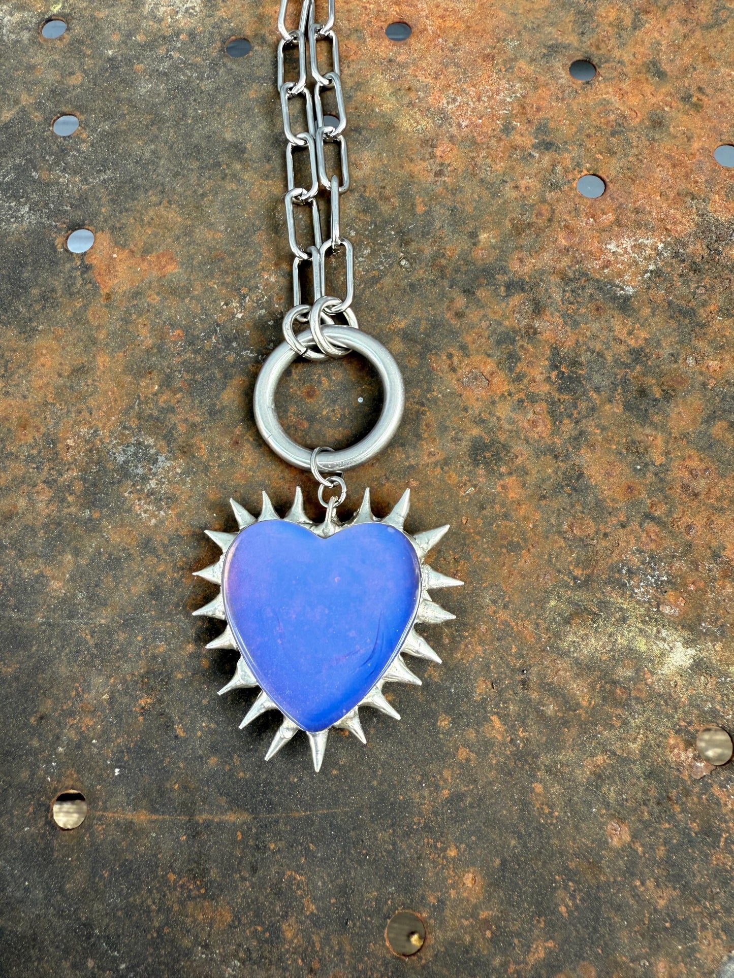 Spiked Opalite Heart Choker Collar Necklace with O Ring