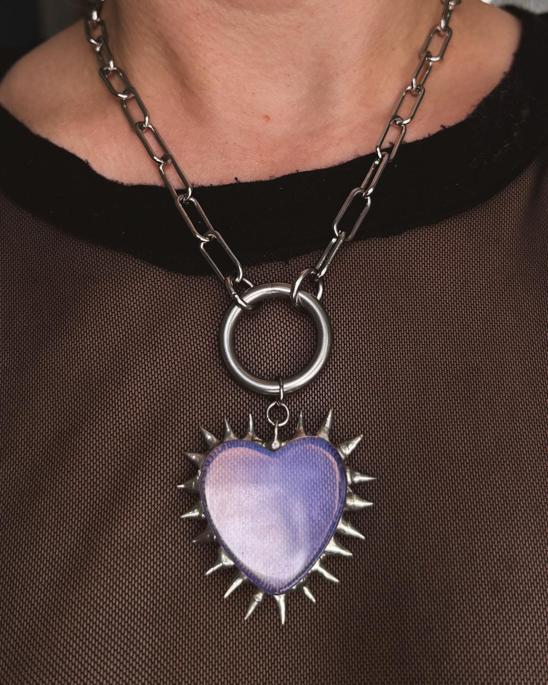 Spiked Opalite Heart Choker Collar Necklace with O Ring