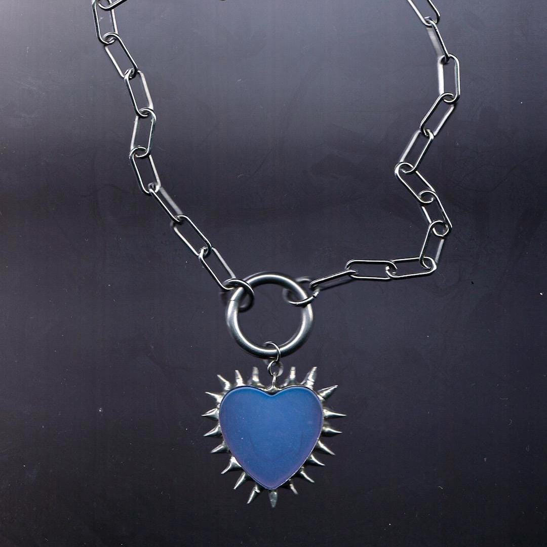 Spiked Opalite Heart Choker Collar Necklace with O Ring