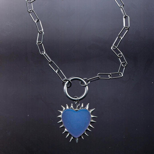 Spiked Opalite Heart Choker Collar Necklace with O Ring