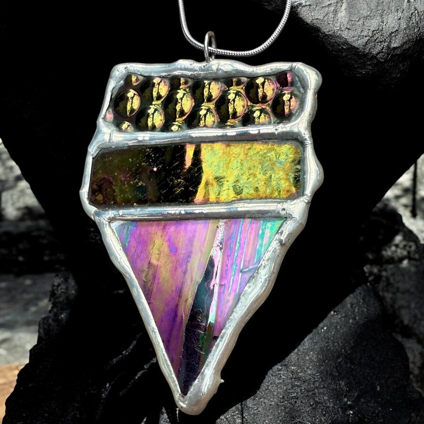 Iridescent Stained Glass Necklace | Geometric Handmade Wearable Art + Whimsigoth Fashion