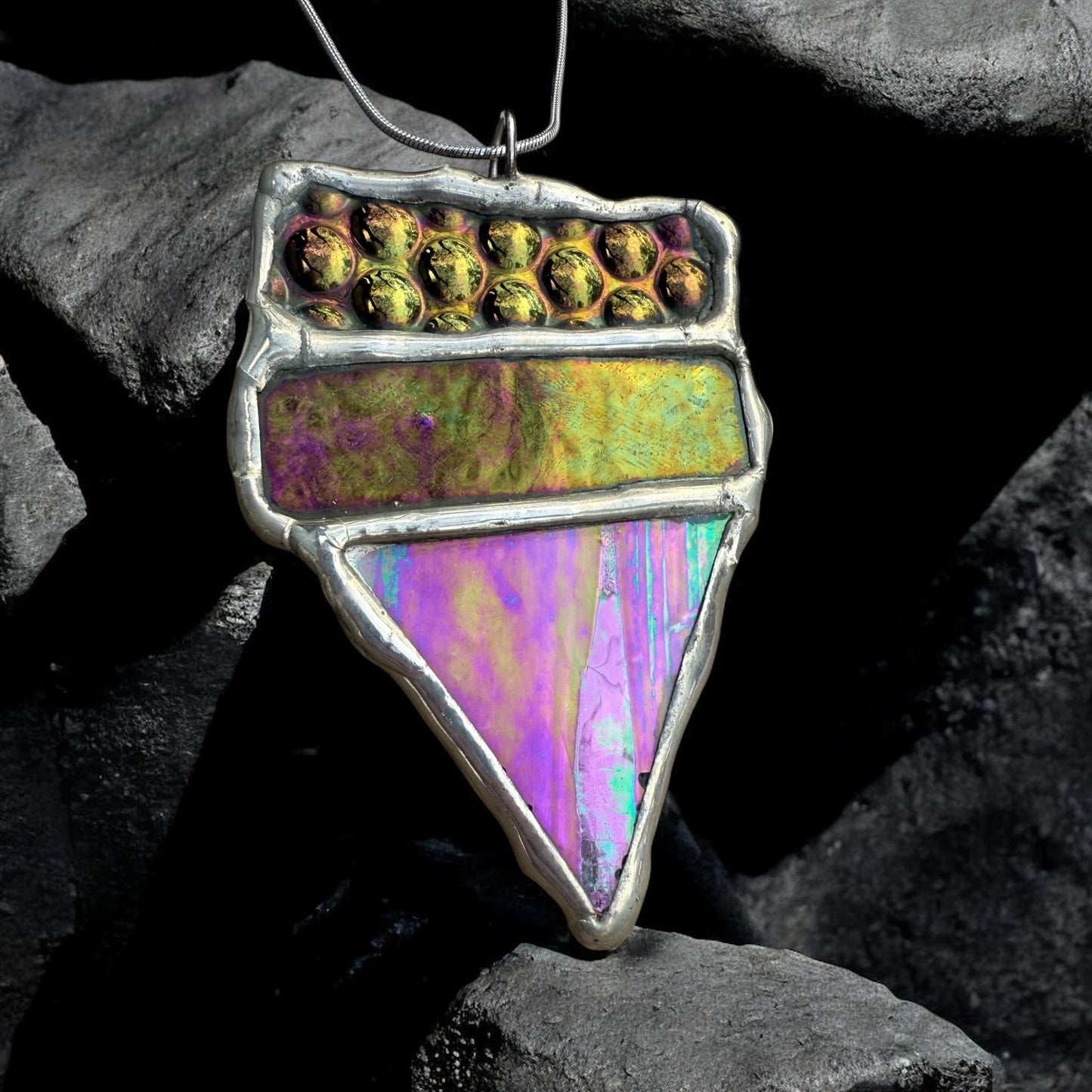 Iridescent Stained Glass Necklace | Geometric Handmade Wearable Art + Whimsigoth Fashion