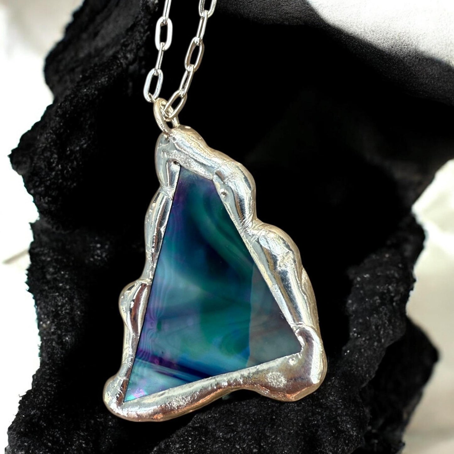 Stained Glass Pendant Necklace | Celestial Pink + Blue Triangle Portal, Soft Solder