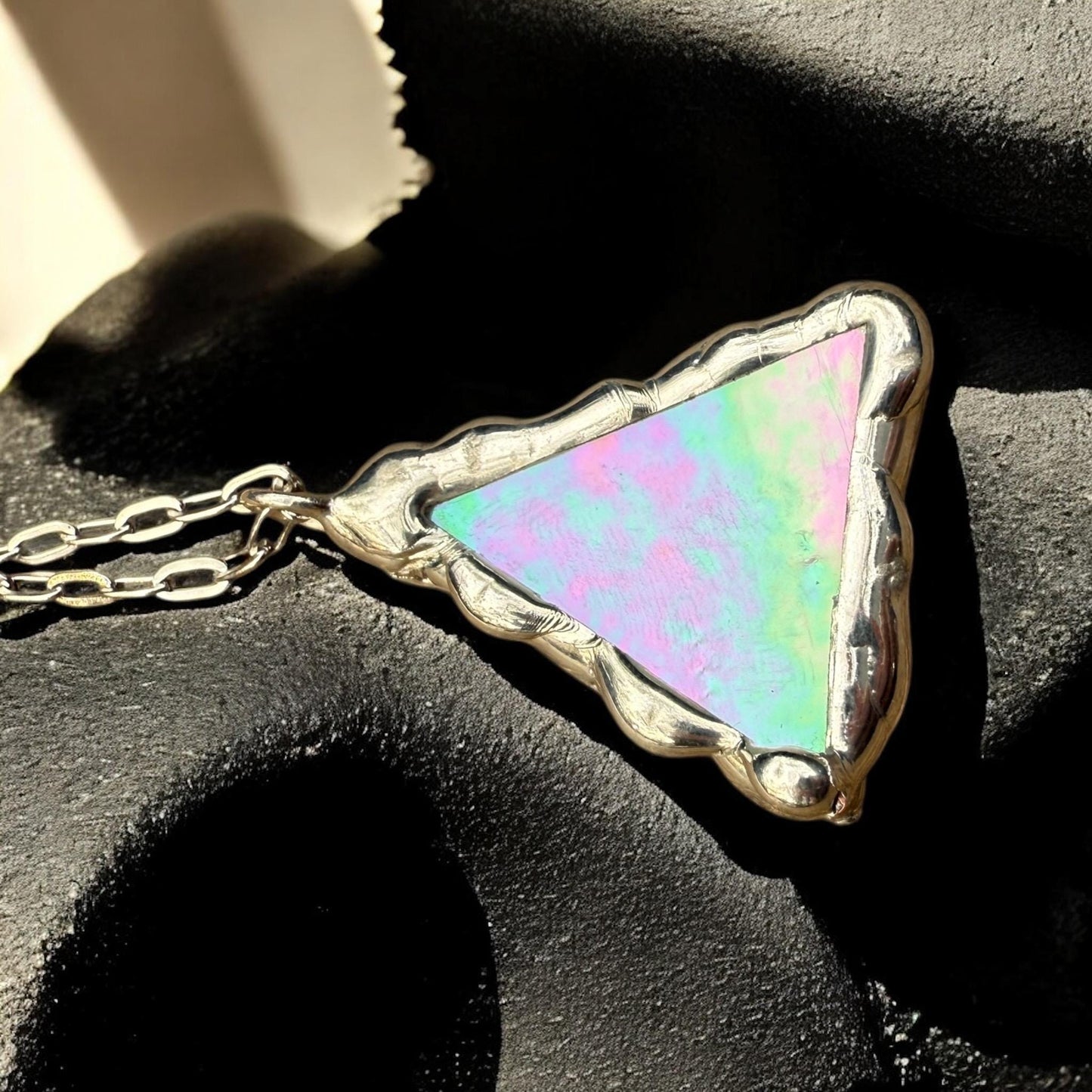 Stained Glass Pendant Necklace | Celestial Pink + Blue Triangle Portal, Soft Solder