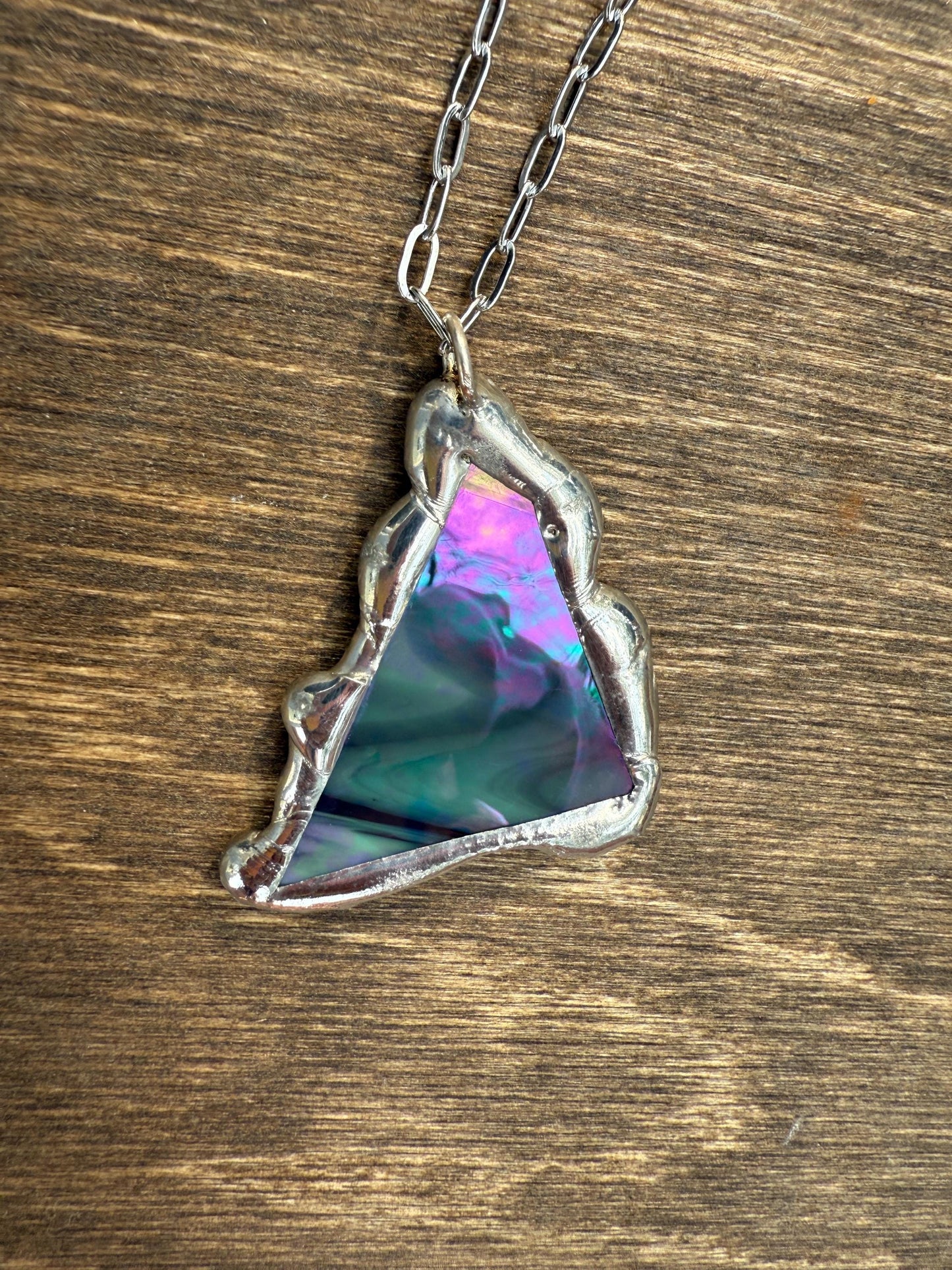 Stained Glass Pendant Necklace | Celestial Pink + Blue Triangle Portal, Soft Solder