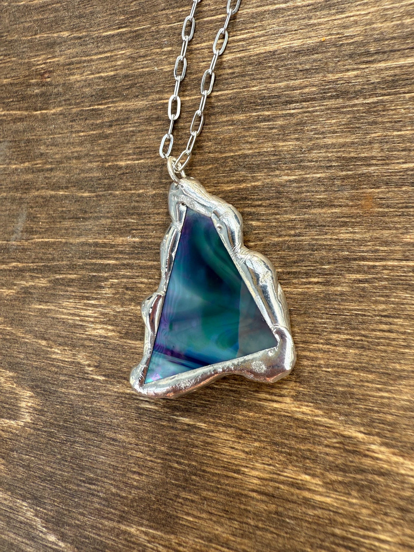 Stained Glass Pendant Necklace | Celestial Pink + Blue Triangle Portal, Soft Solder