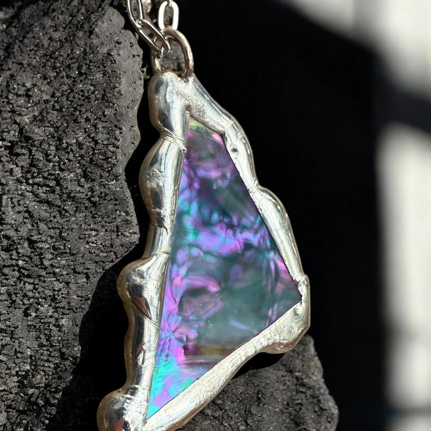 Stained Glass Pendant Necklace | Celestial Pink + Blue Triangle Portal, Soft Solder