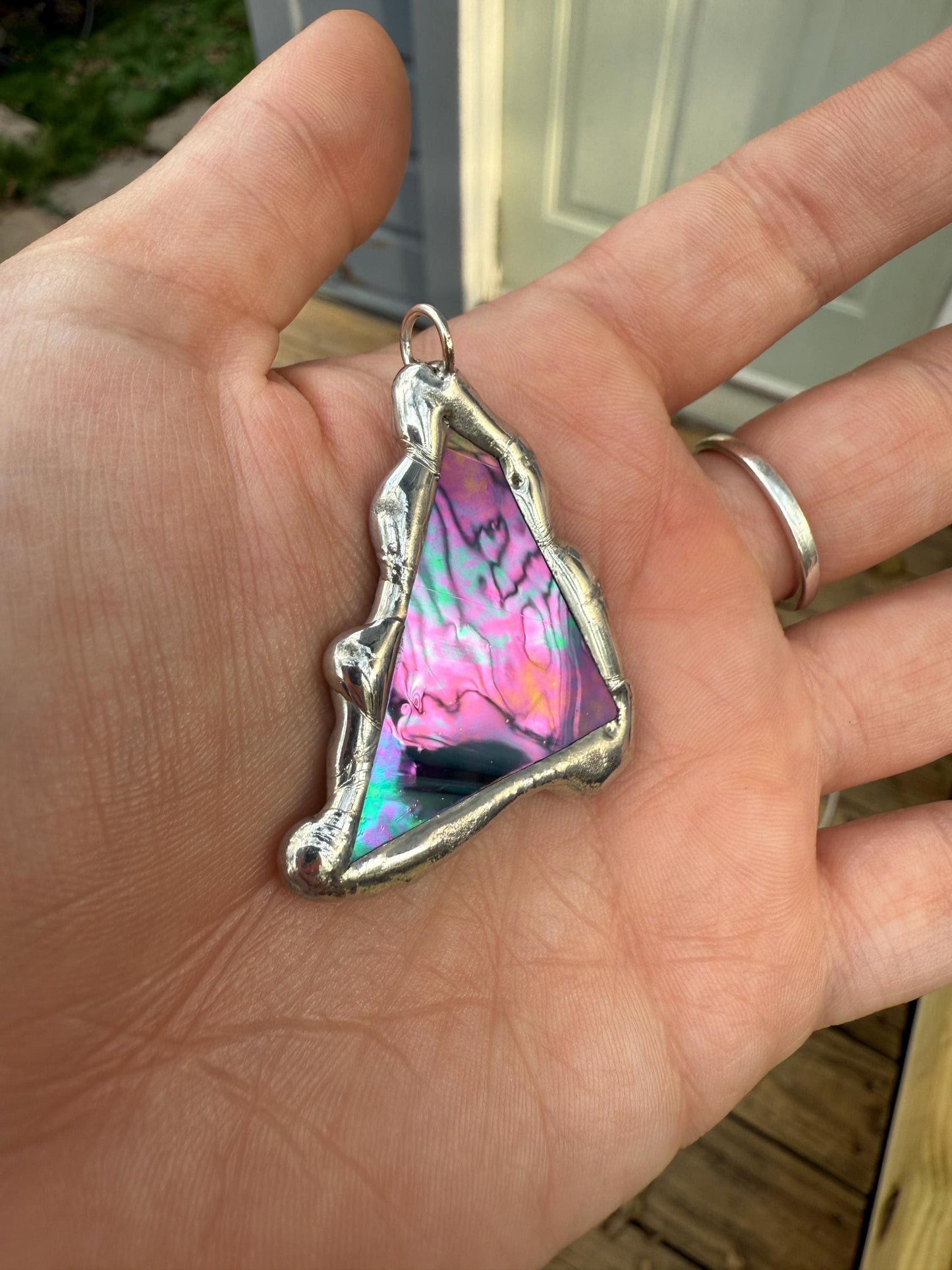 Stained Glass Pendant Necklace | Celestial Pink + Blue Triangle Portal, Soft Solder