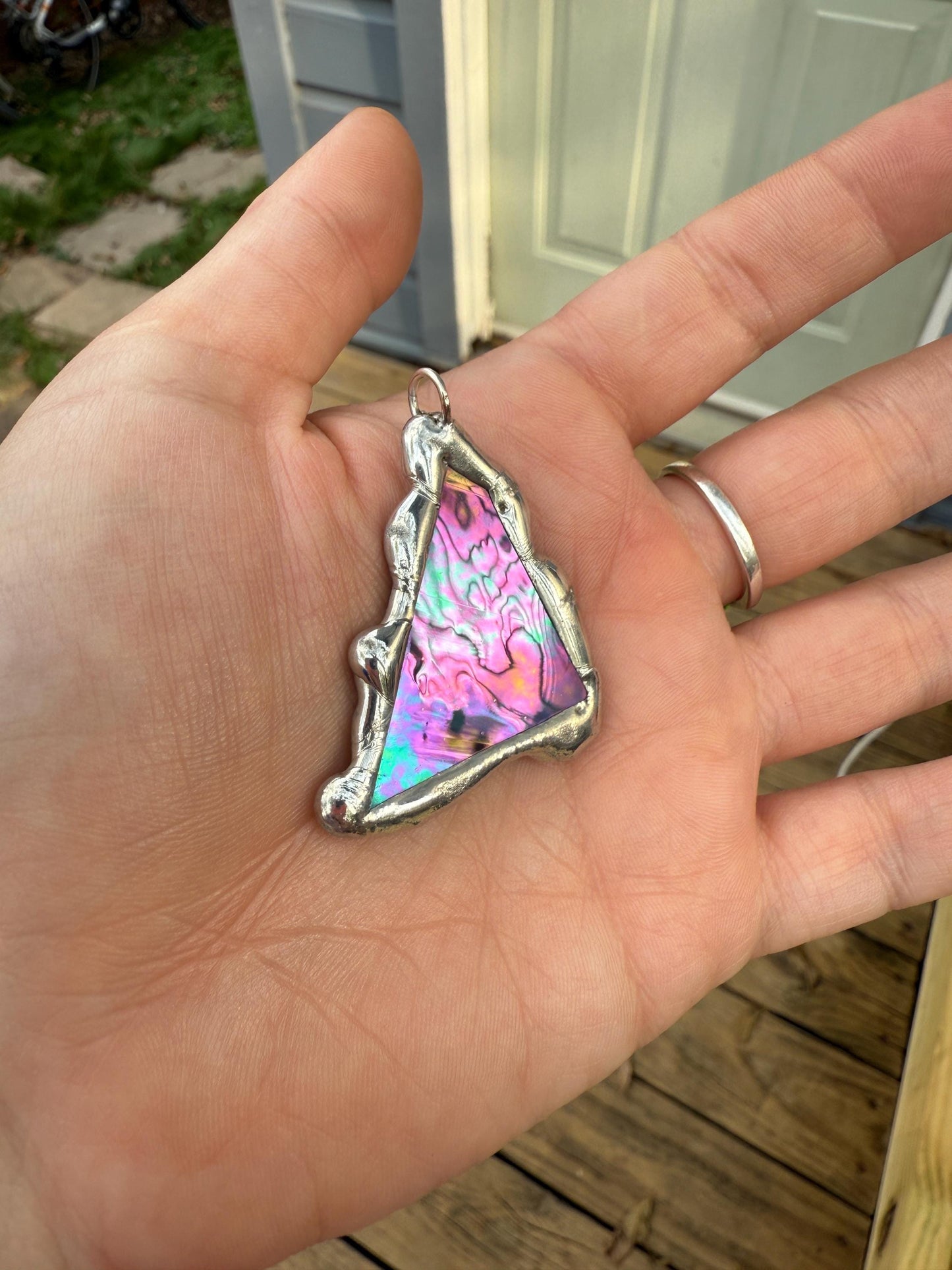 Stained Glass Pendant Necklace | Celestial Pink + Blue Triangle Portal, Soft Solder