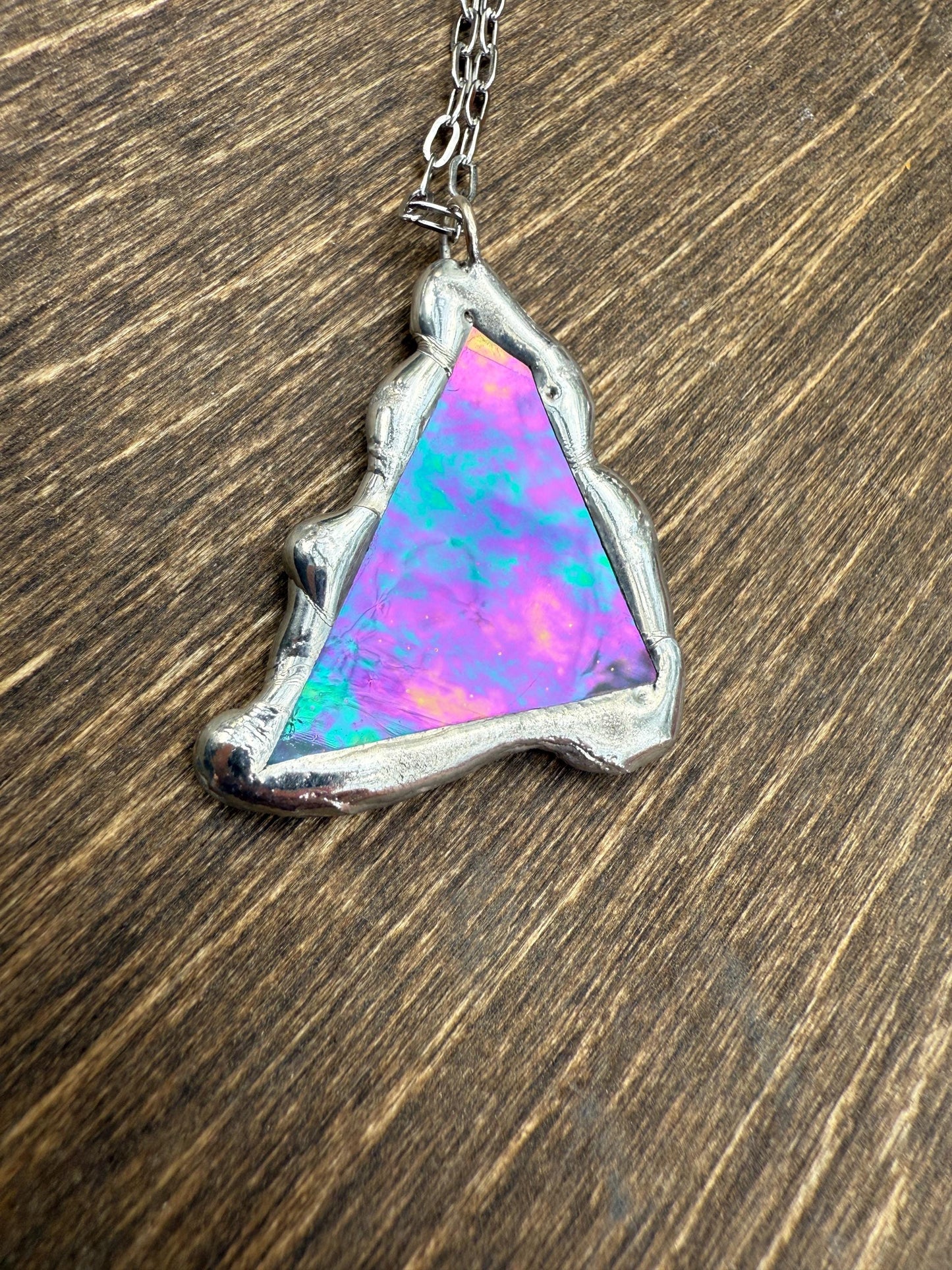 Stained Glass Pendant Necklace | Celestial Pink + Blue Triangle Portal, Soft Solder