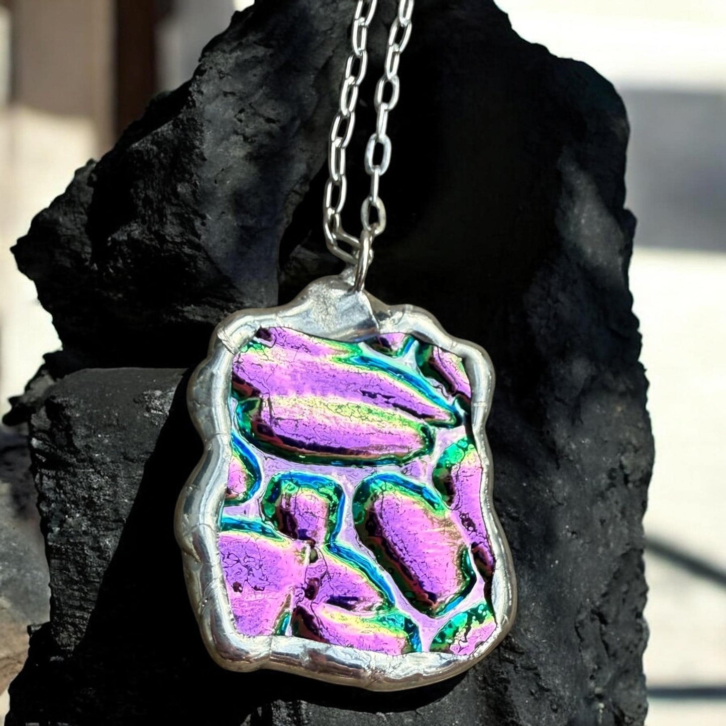 Pink Stained Glass Pendant | Iridescent Vaporwave Bubble Portal