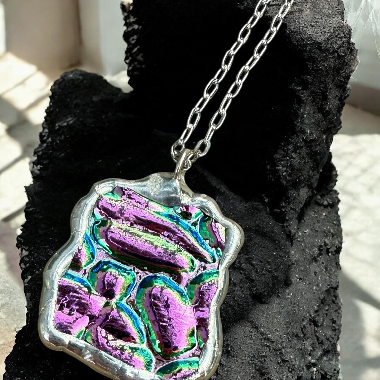 Pink Stained Glass Pendant | Iridescent Vaporwave Bubble Portal