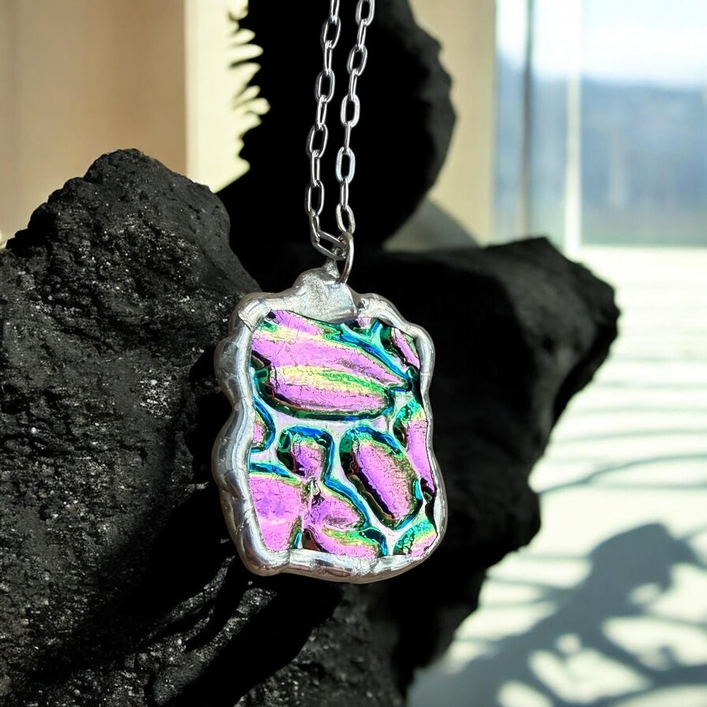 Pink Stained Glass Pendant | Iridescent Vaporwave Bubble Portal