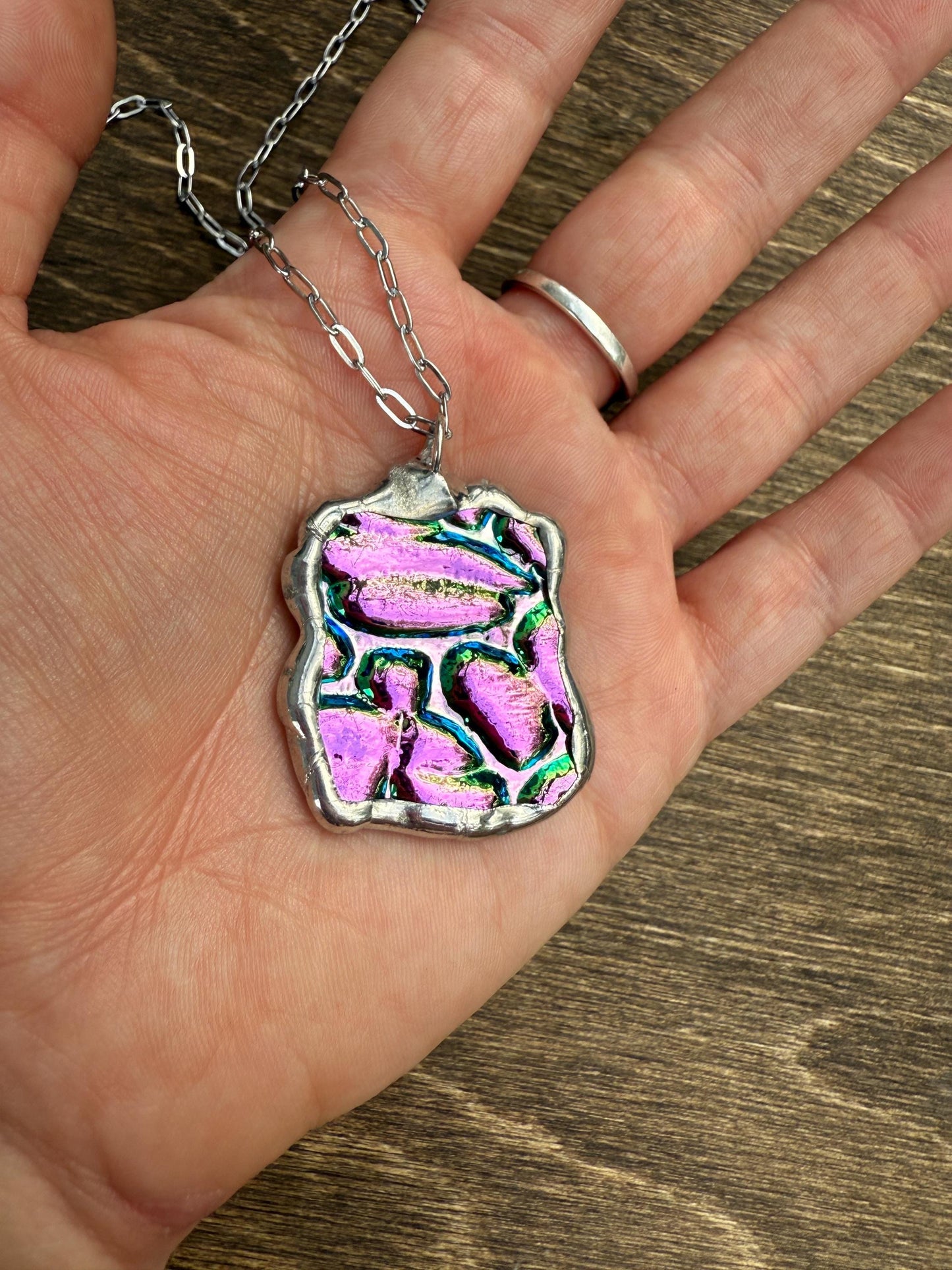 Pink Stained Glass Pendant | Iridescent Vaporwave Bubble Portal
