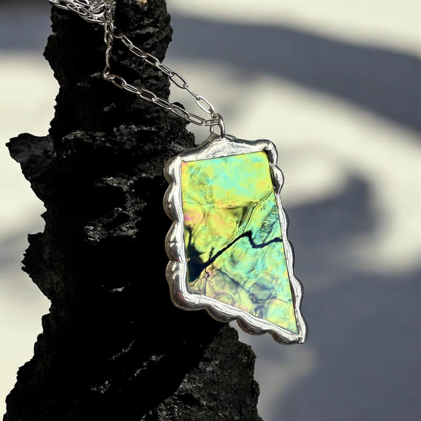 Green Iridescent Stained Glass Pendant | Brutalist Handmade Wearable Art + Whimsigoth Fashion