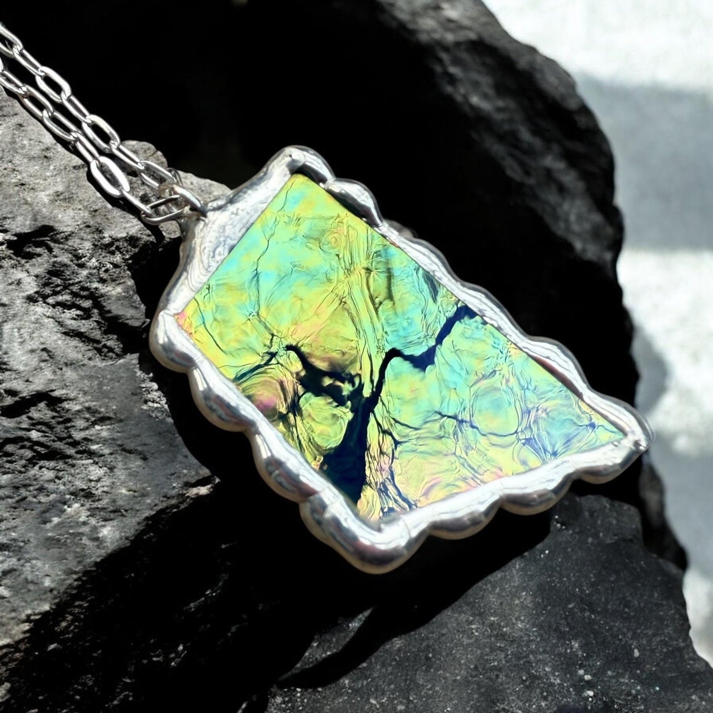 Green Iridescent Stained Glass Pendant | Brutalist Handmade Wearable Art + Whimsigoth Fashion