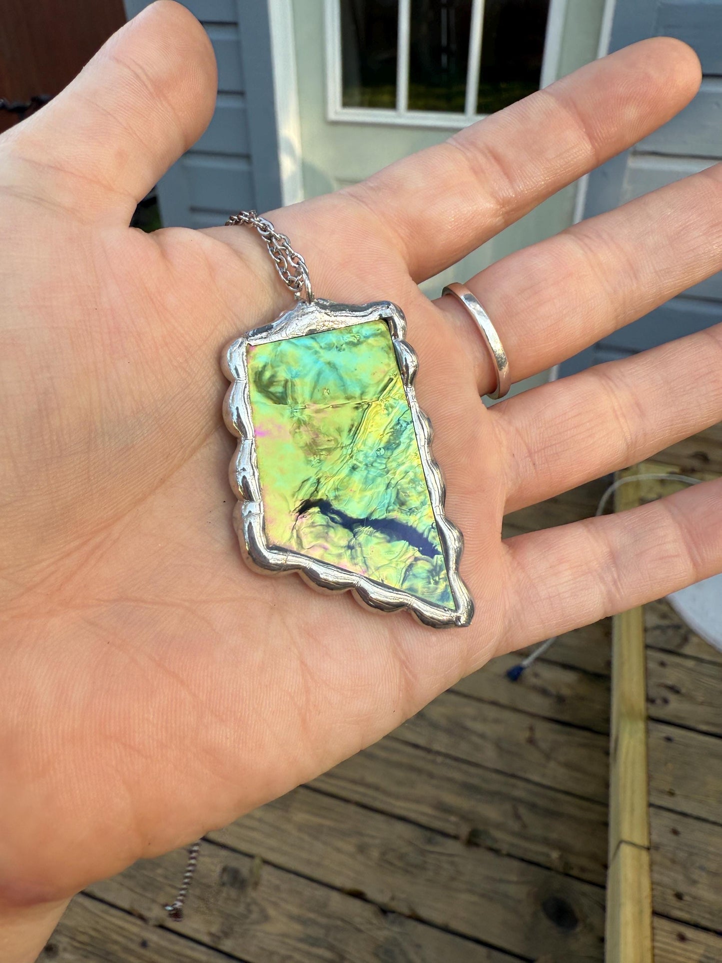 Green Iridescent Stained Glass Pendant | Brutalist Handmade Wearable Art + Whimsigoth Fashion