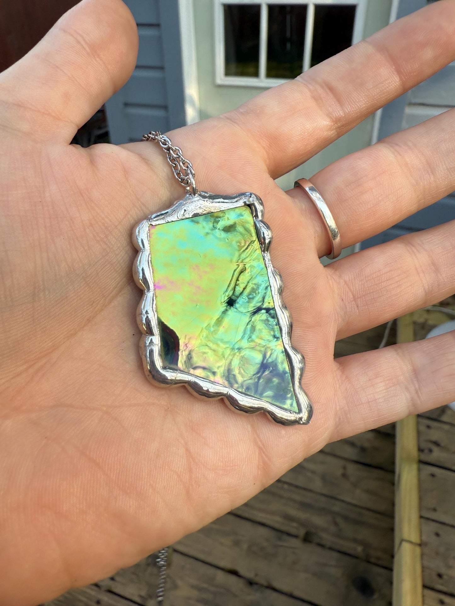 Green Iridescent Stained Glass Pendant | Brutalist Handmade Wearable Art + Whimsigoth Fashion