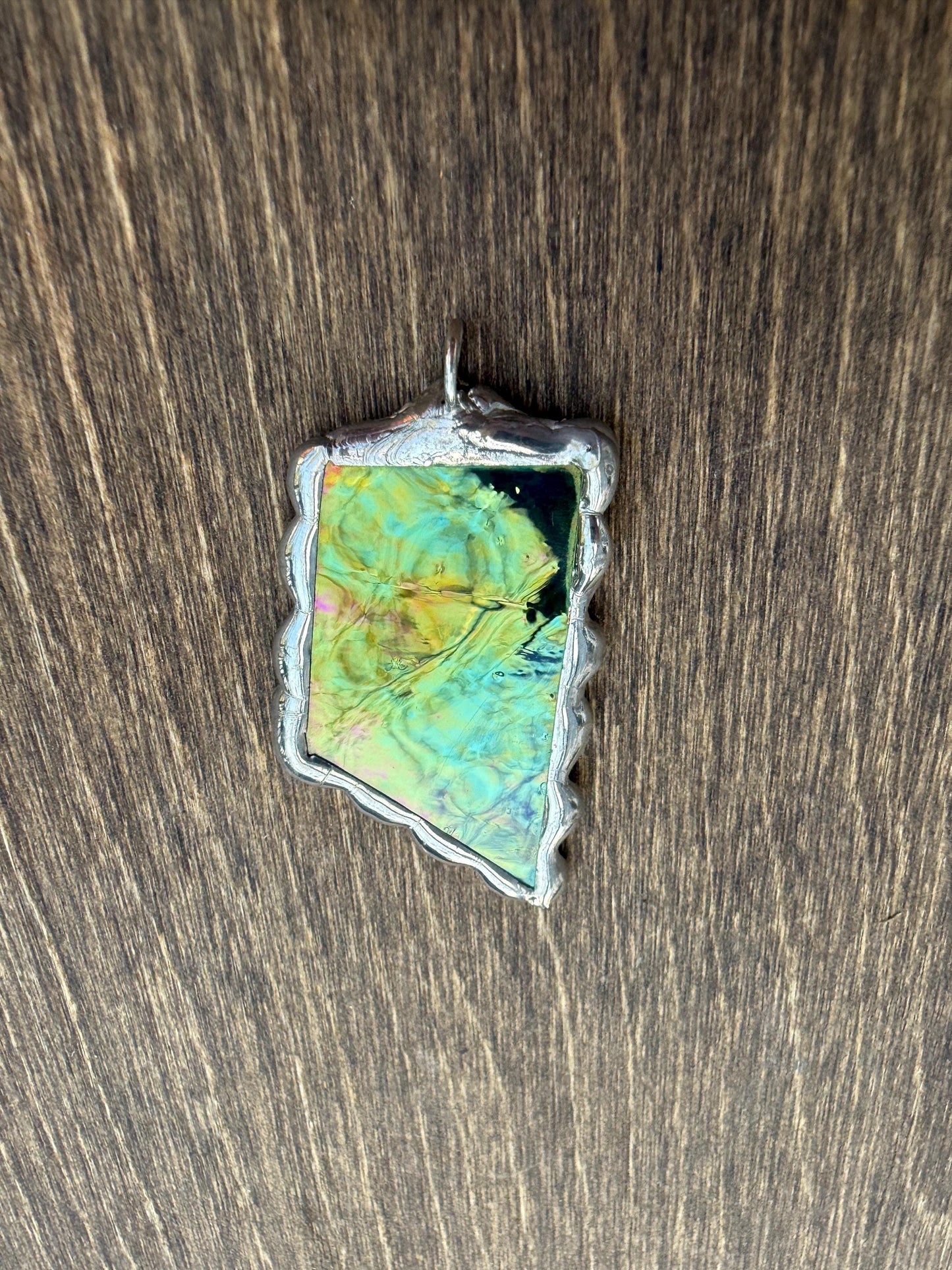 Green Iridescent Stained Glass Pendant | Brutalist Handmade Wearable Art + Whimsigoth Fashion